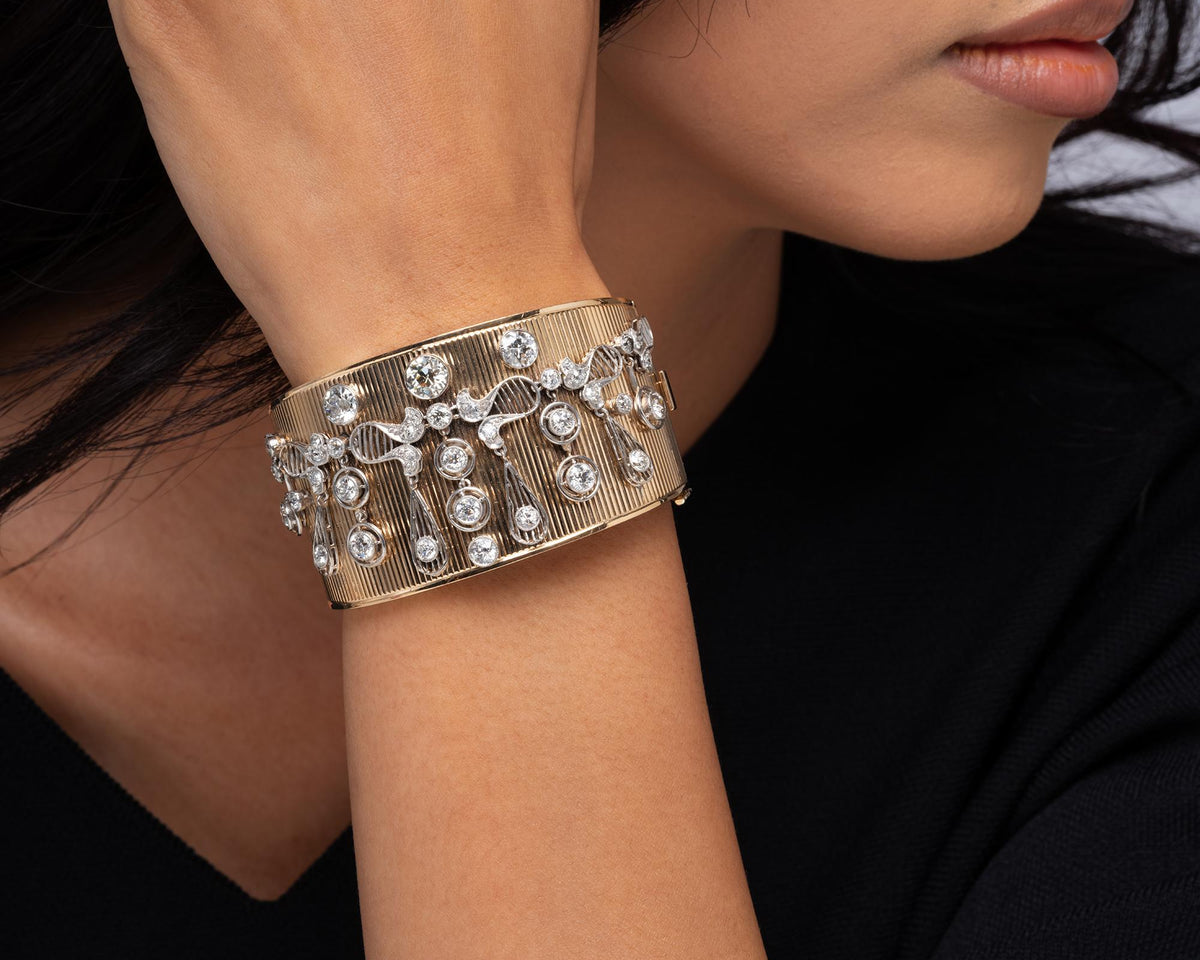 Retro 7 Carat Old European Diamond Wide Cuff Bangle Bracelet
