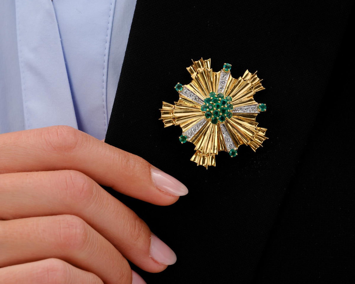 Vintage Tiffany & Co Mid-Century Emerald And Diamond Pinwheel Brooch