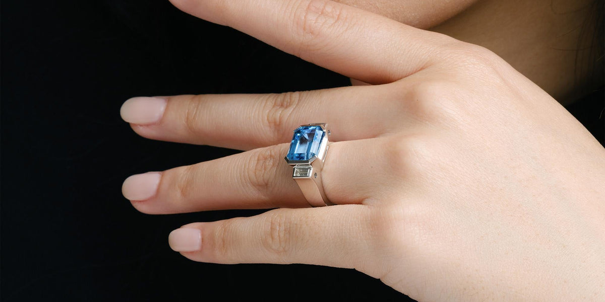 Estate 5.80 Carat Blue Topaz & Diamond East-West Ring