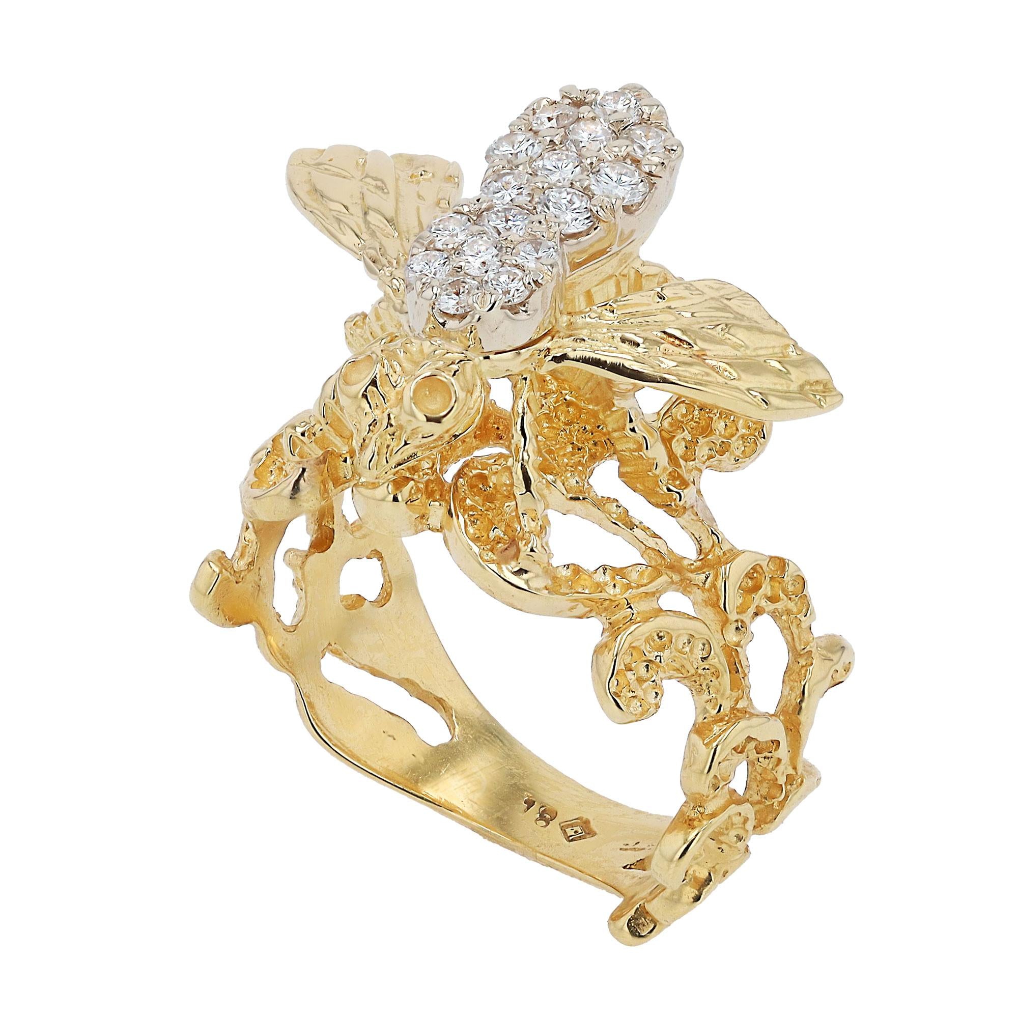 Vintage Mid Century Diamond and Yellow Gold Bumble Bee Ring