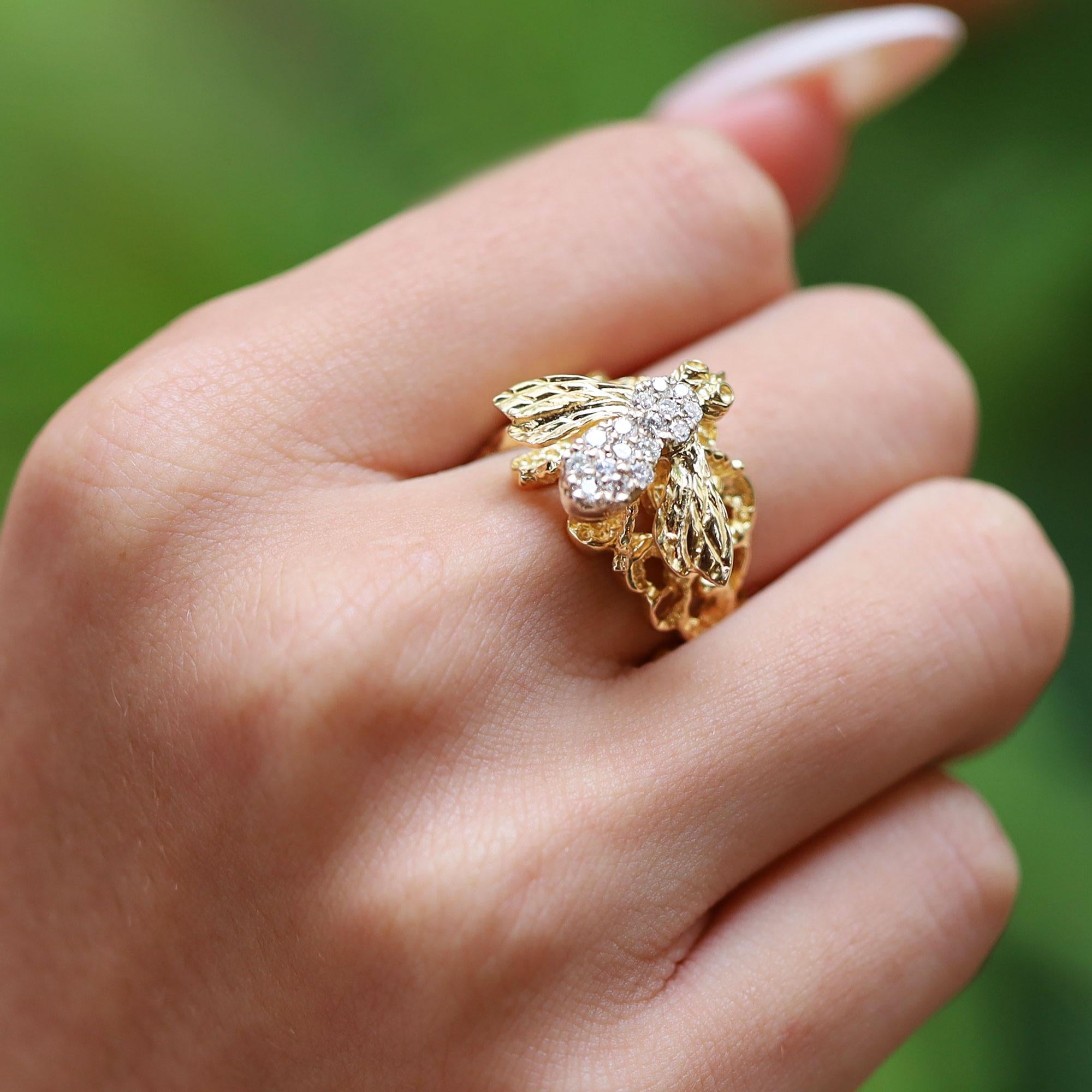 Vintage Mid Century Diamond and Yellow Gold Bumble Bee Ring