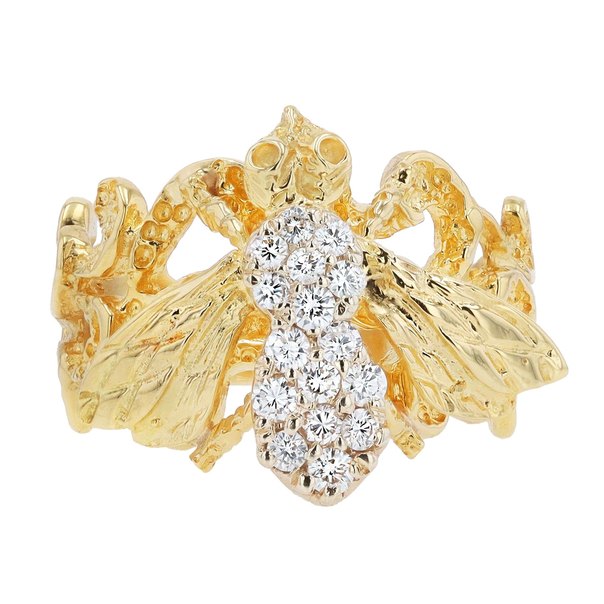 Vintage Mid Century Diamond and Yellow Gold Bumble Bee Ring