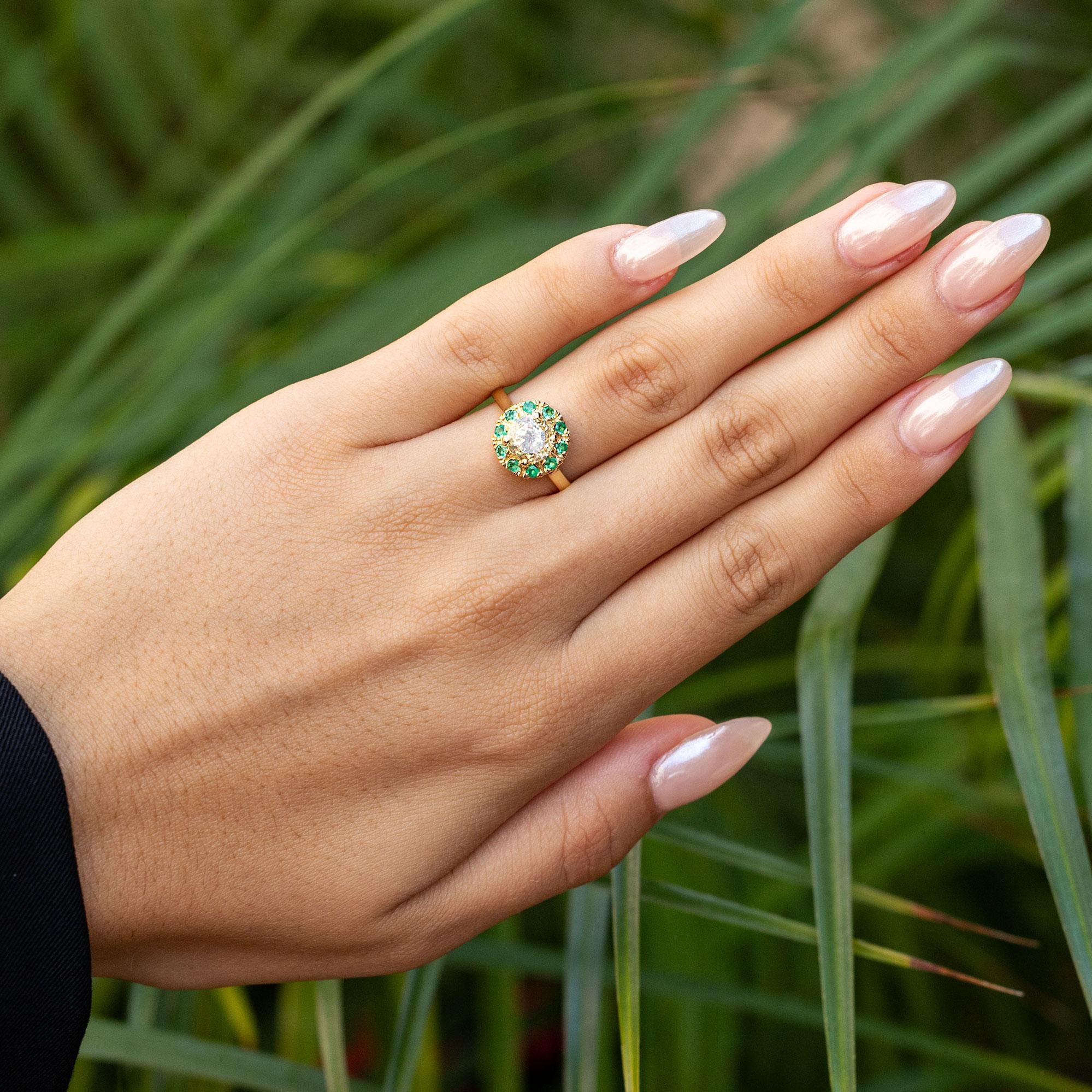 Vintage 0.82 Carat Yellow Diamond and Emerald Halo Engagement Ring