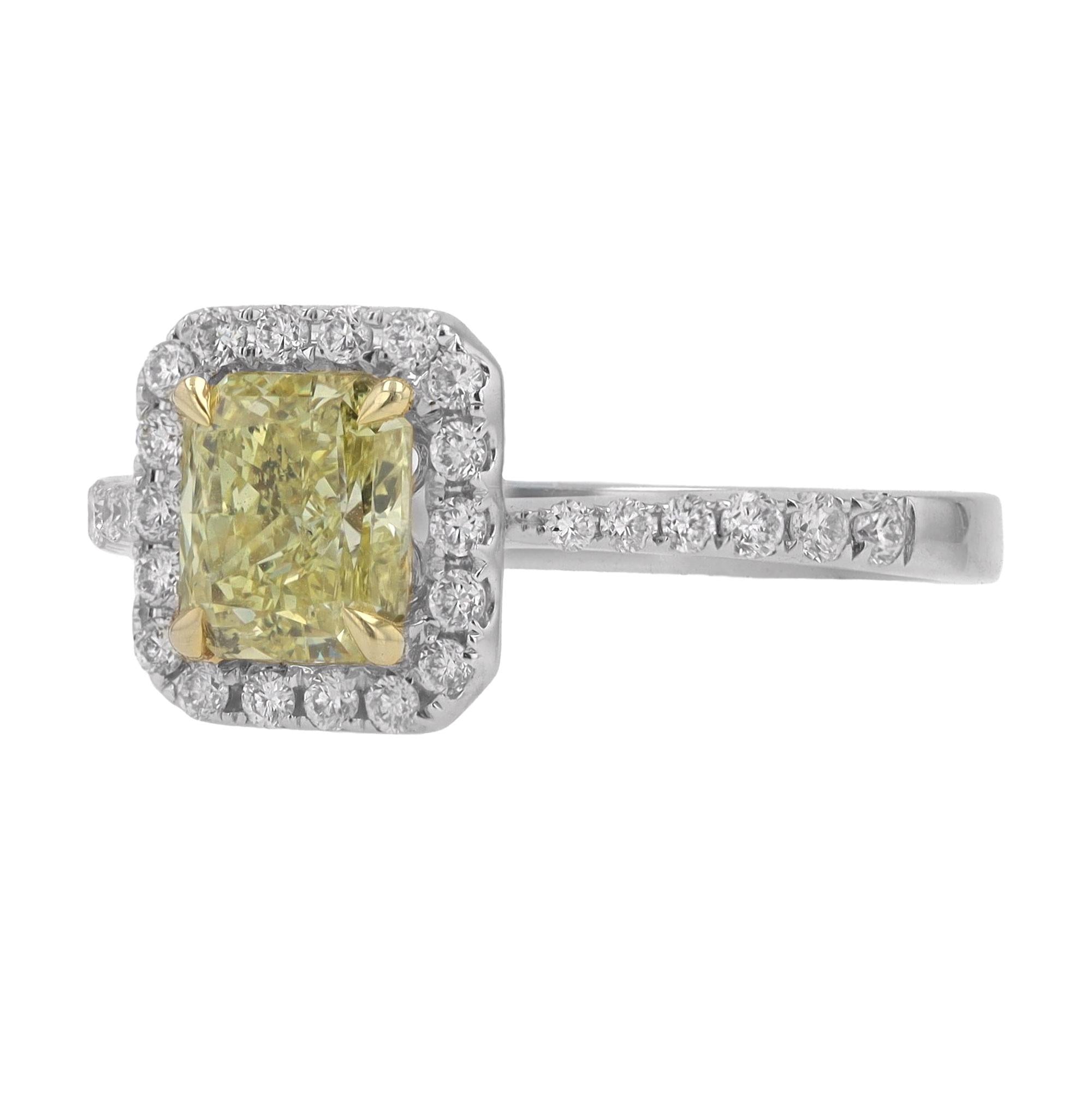 1.02 Carat Radiant Cut Fancy Intense Yellow Diamond Engagement Ring