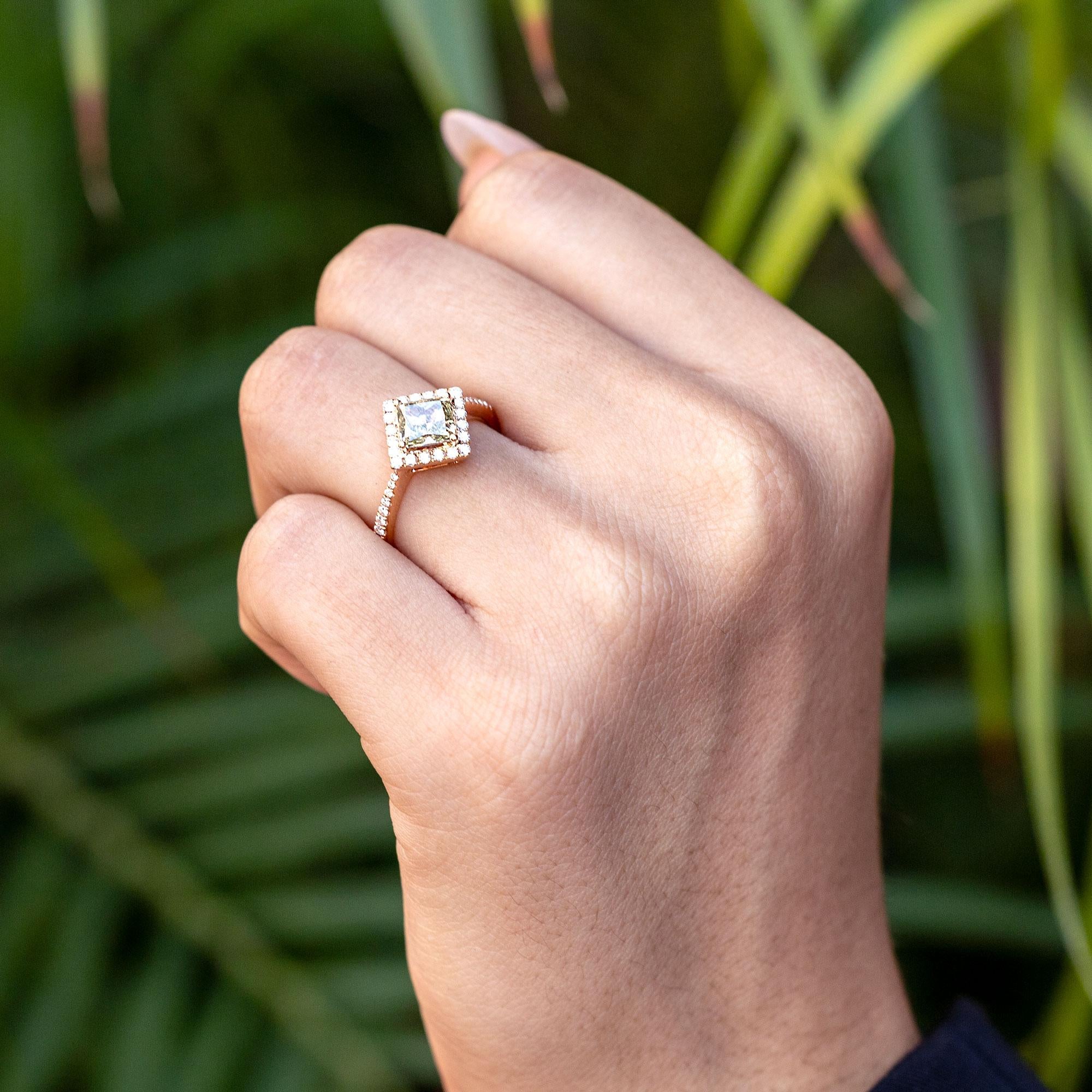 Vintage 1.03 Carat Fancy Green Yellow Diamond Rose Gold Engagement Ring