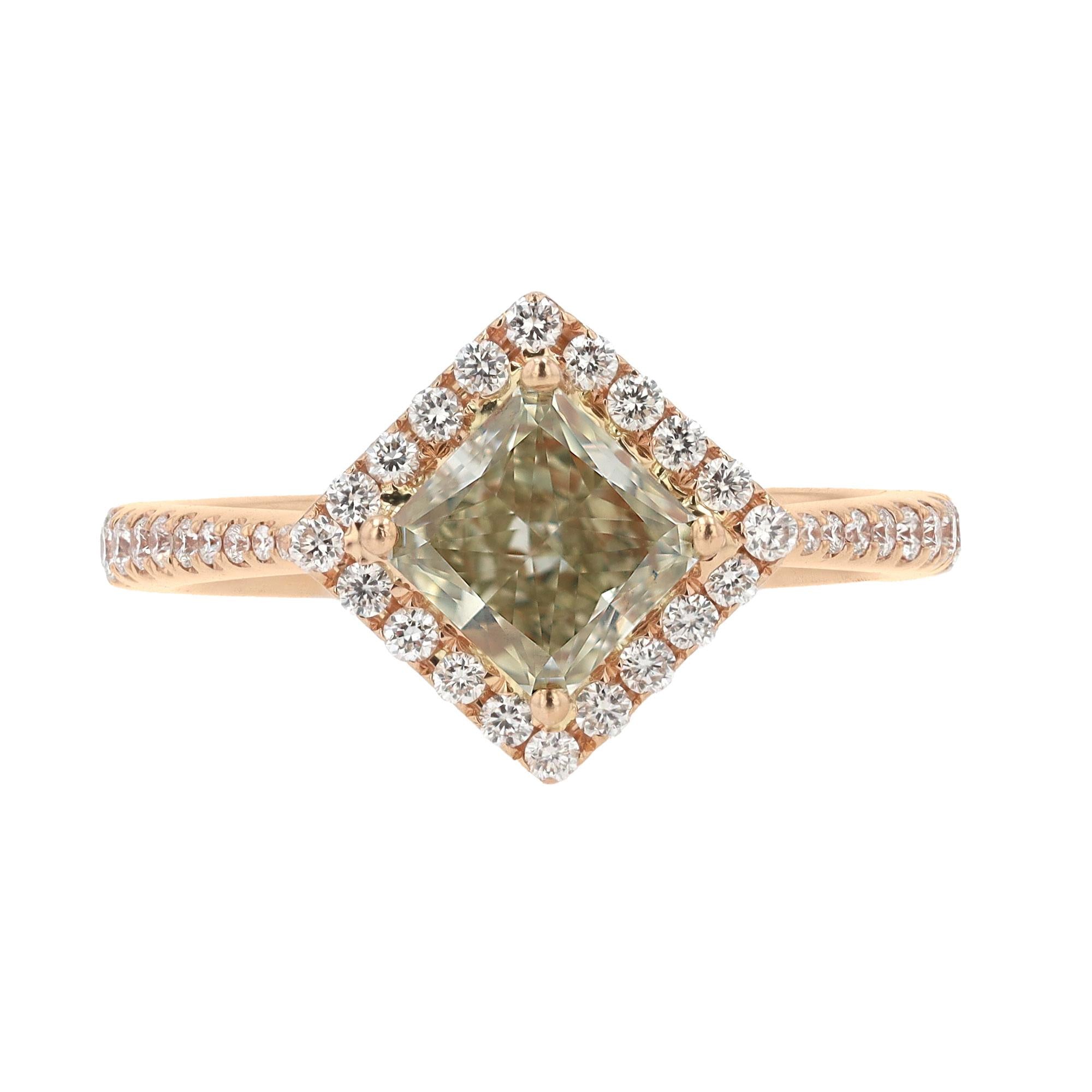 Vintage 1.03 Carat Fancy Green Yellow Diamond Rose Gold Engagement Ring