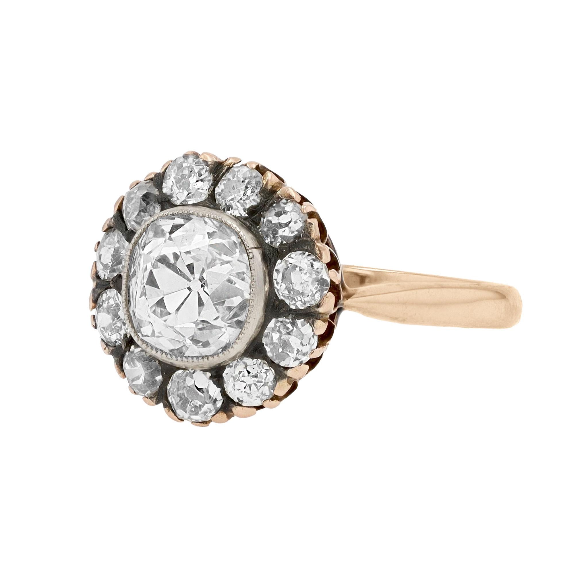 Chunky Antique 1.83 Carat Old Mine Diamond Halo 18K Victorian Cluster Ring