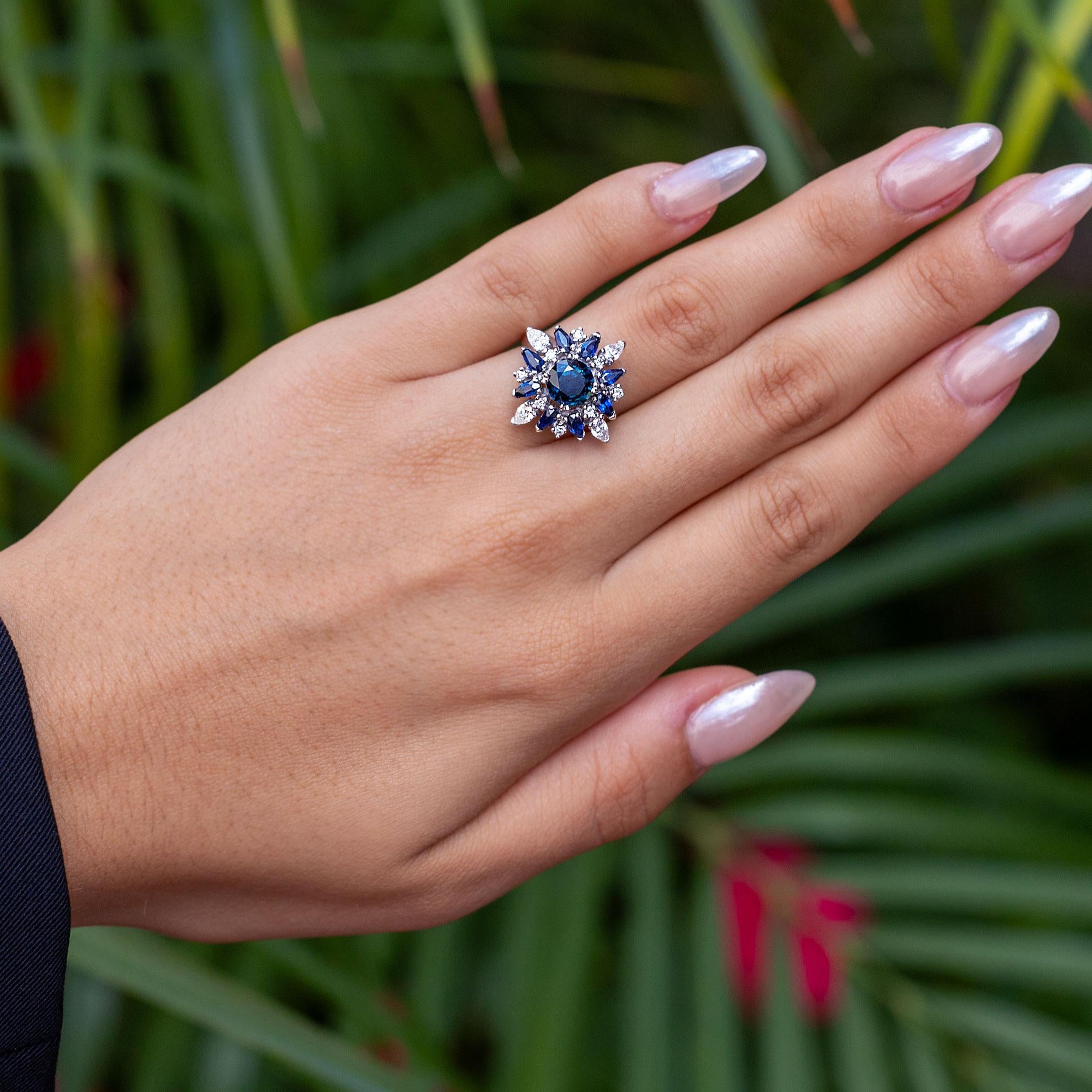 Vintage Space Age Sapphire and Diamond Cluster 18k White Gold Ring