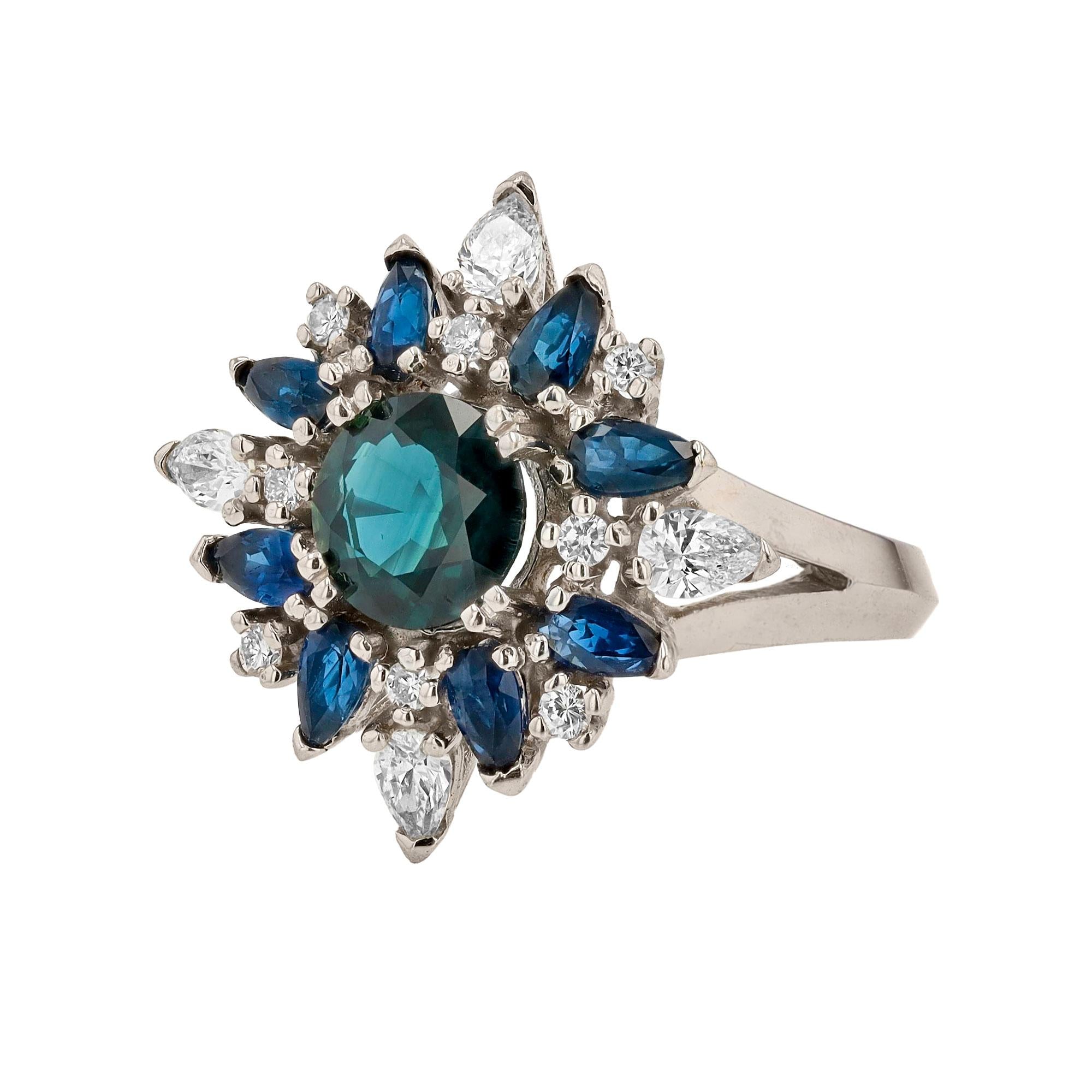 Vintage Space Age Sapphire and Diamond Cluster 18k White Gold Ring