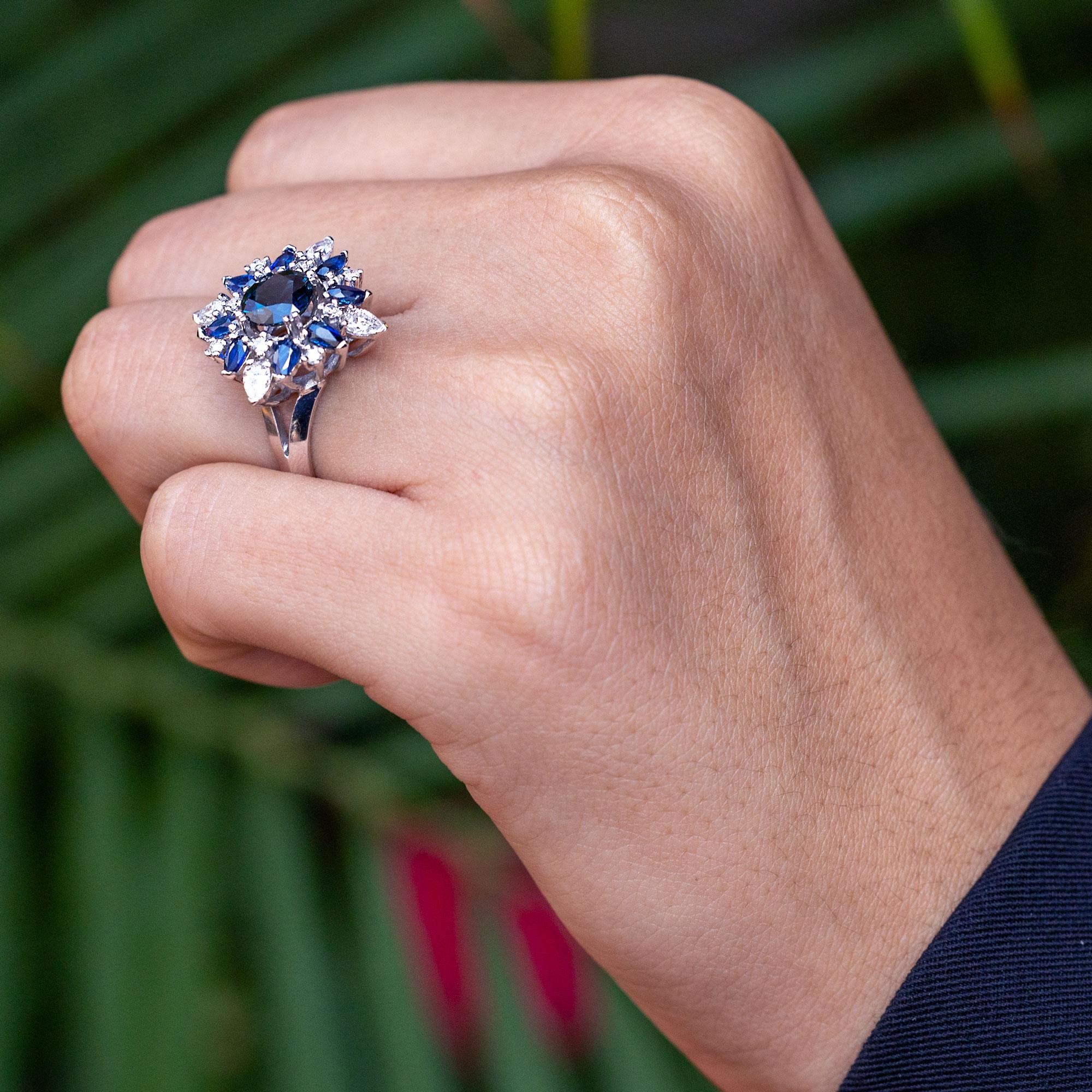 Vintage Space Age Sapphire and Diamond Cluster 18k White Gold Ring