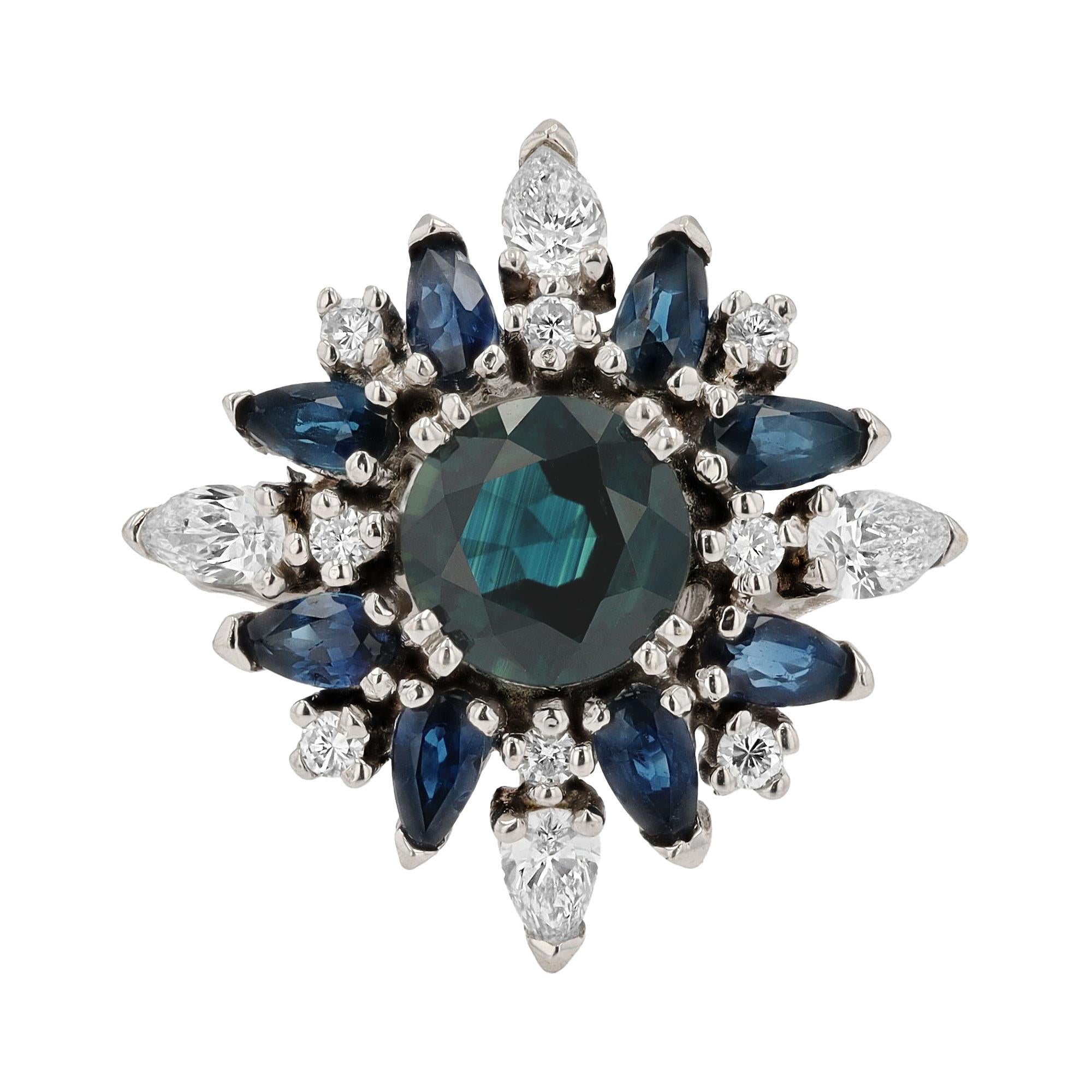 Vintage Space Age Sapphire and Diamond Cluster 18k White Gold Ring