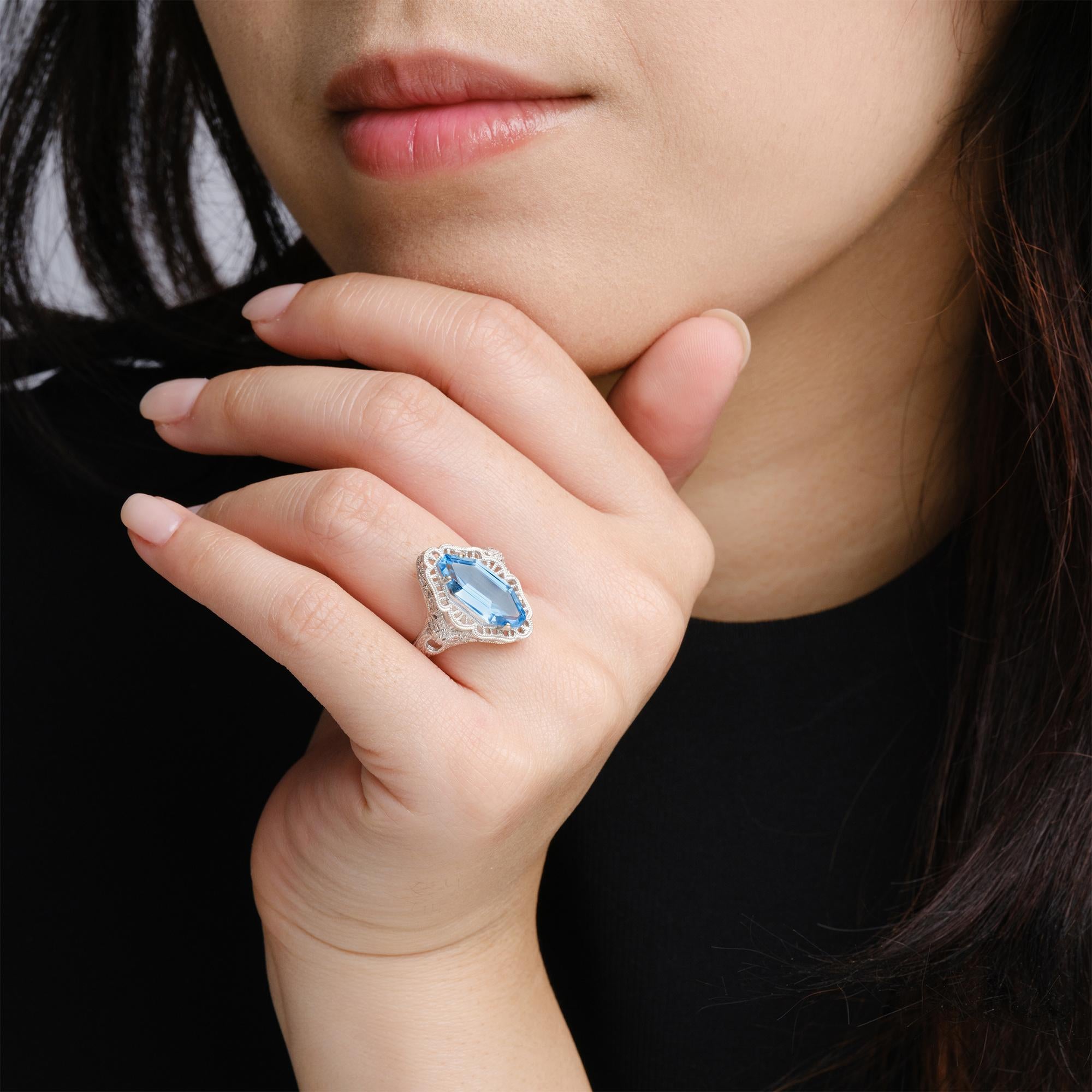 Vintage 4.20 Carat Blue Topaz Filigree Art Deco Revival Dinner Ring