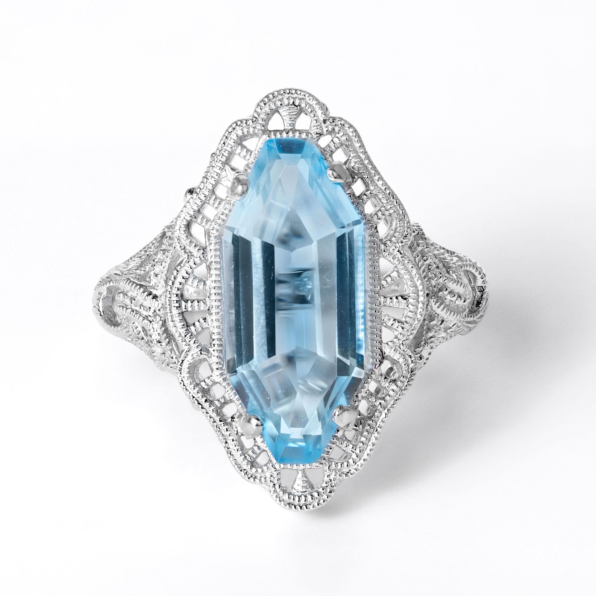 Vintage 4.20 Carat Blue Topaz Filigree Art Deco Revival Dinner Ring