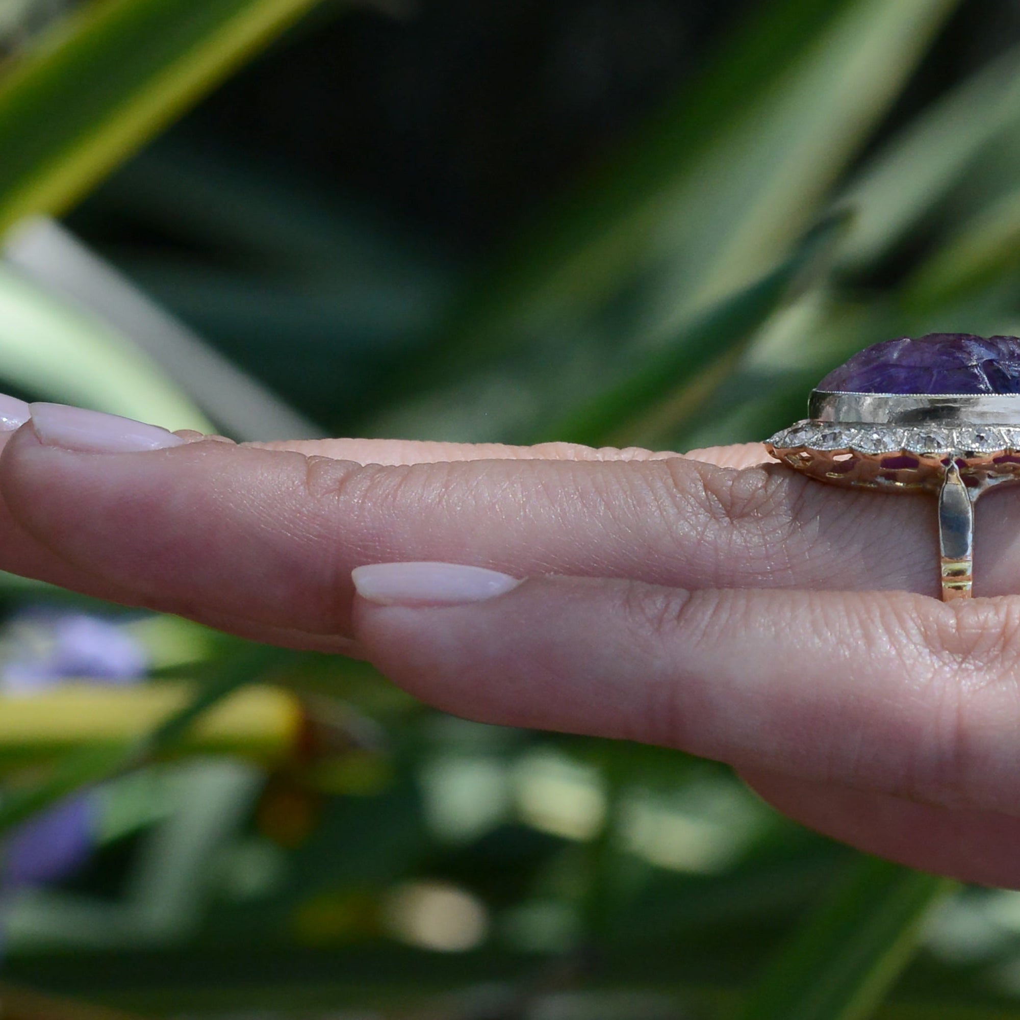 16 Carat Carved Amethyst & Diamond Vintage Cocktail Ring