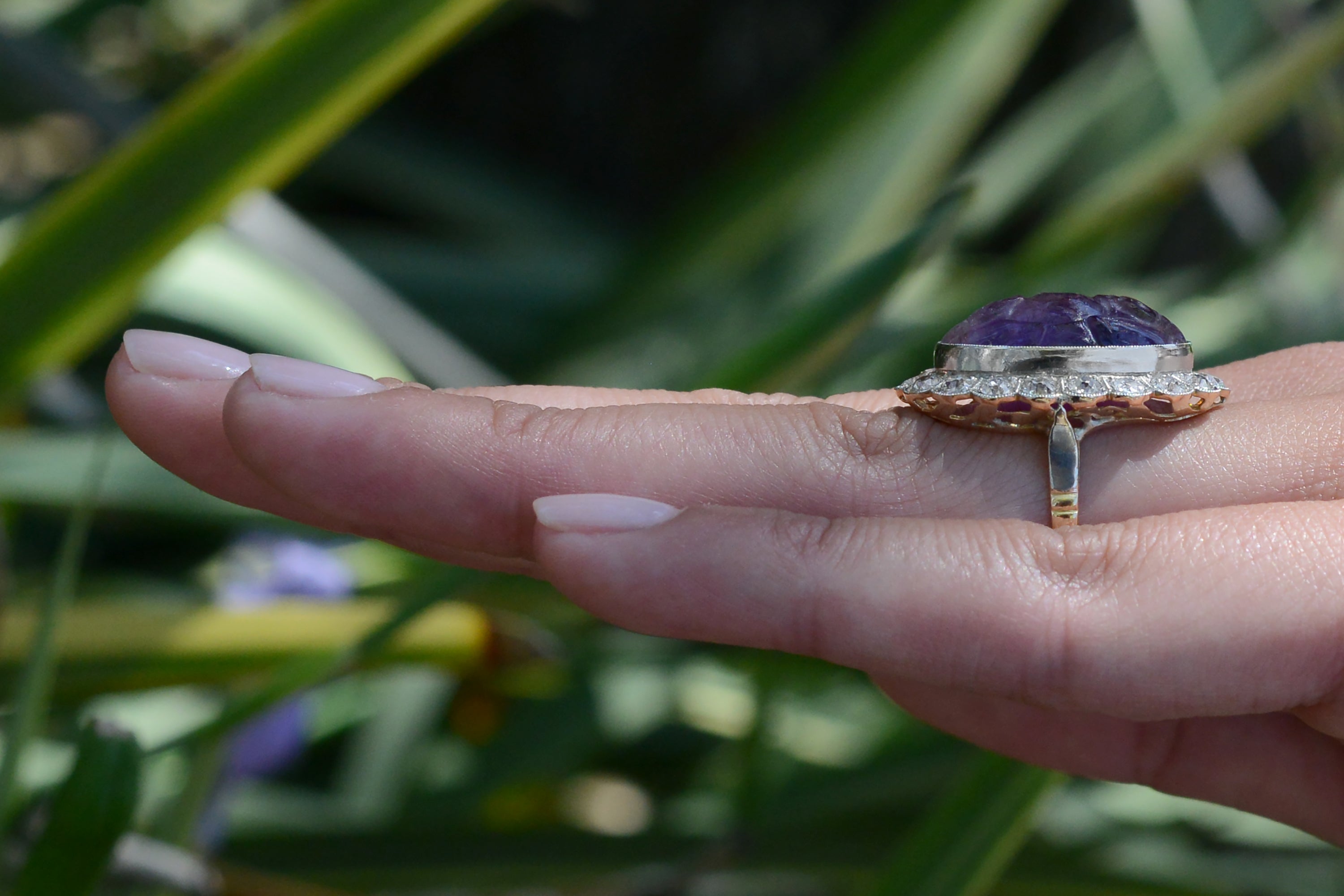 16 Carat Carved Amethyst & Diamond Vintage Cocktail Ring