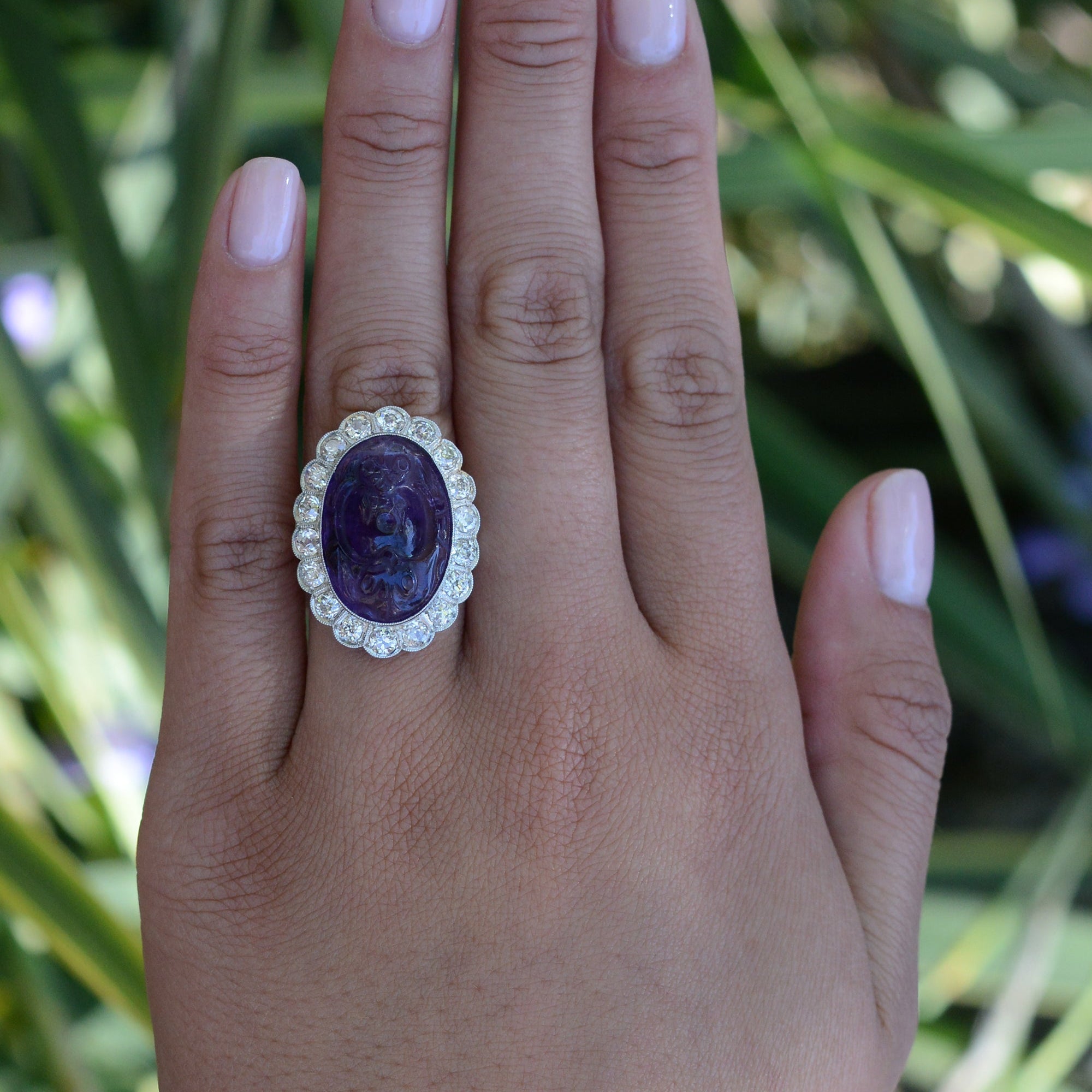 16 Carat Carved Amethyst & Diamond Vintage Cocktail Ring