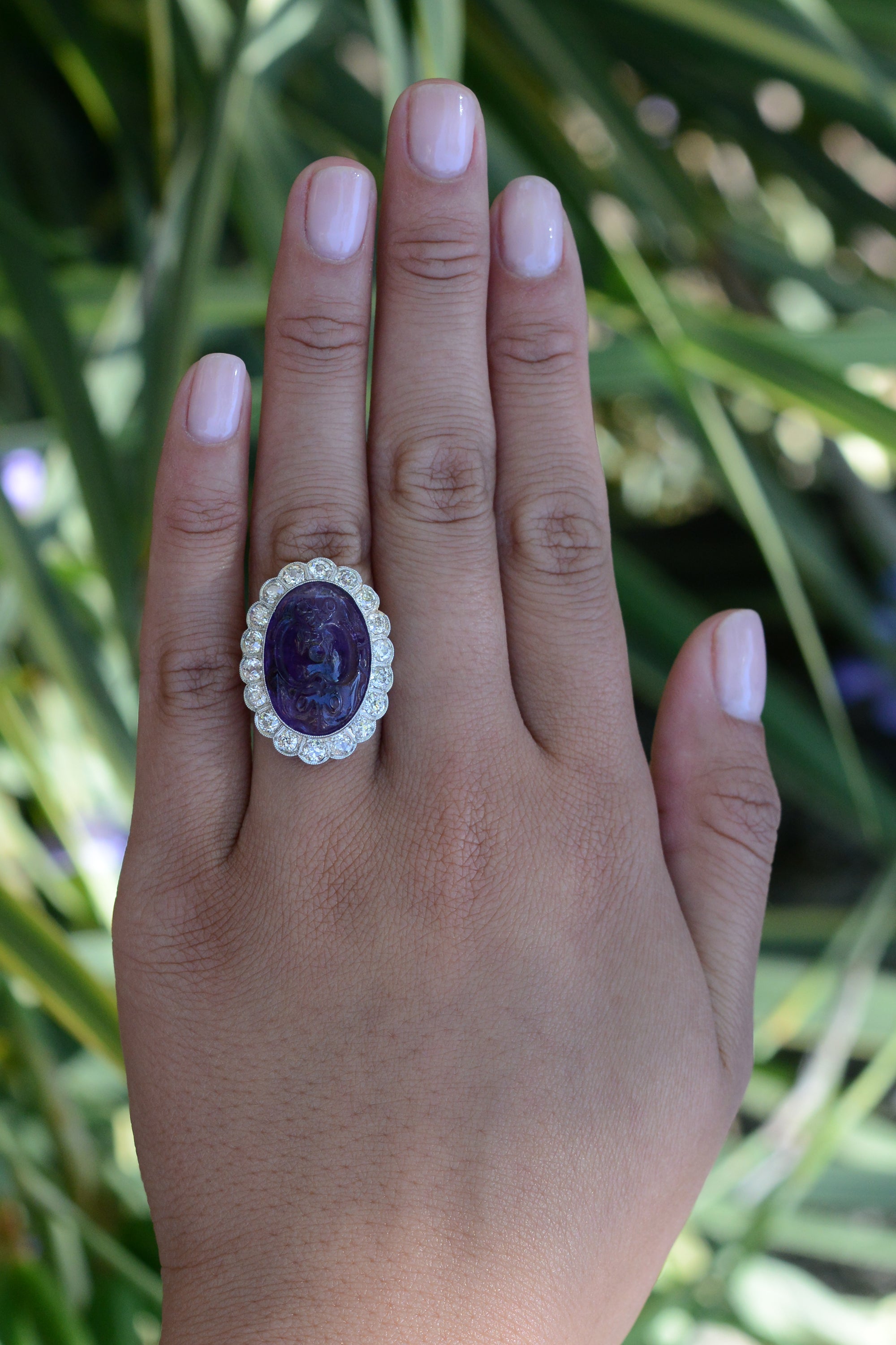 16 Carat Carved Amethyst & Diamond Vintage Cocktail Ring