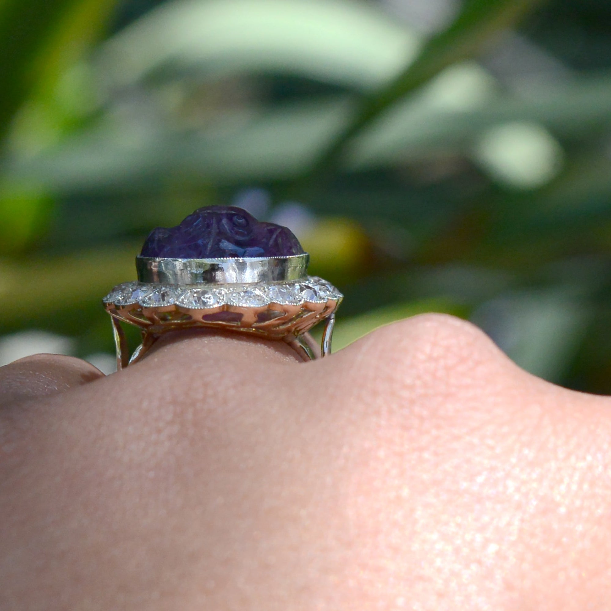 16 Carat Carved Amethyst & Diamond Vintage Cocktail Ring