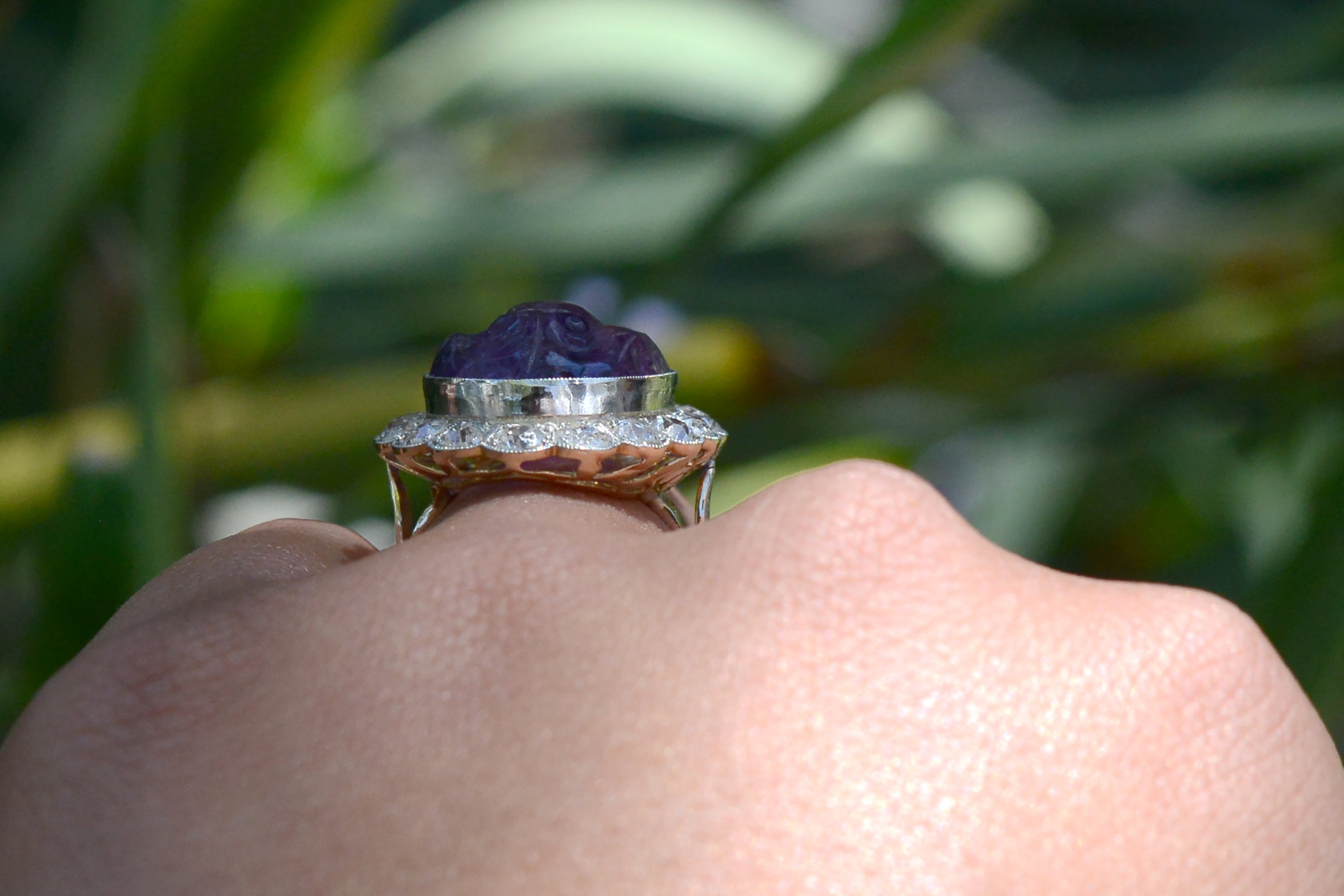 16 Carat Carved Amethyst & Diamond Vintage Cocktail Ring