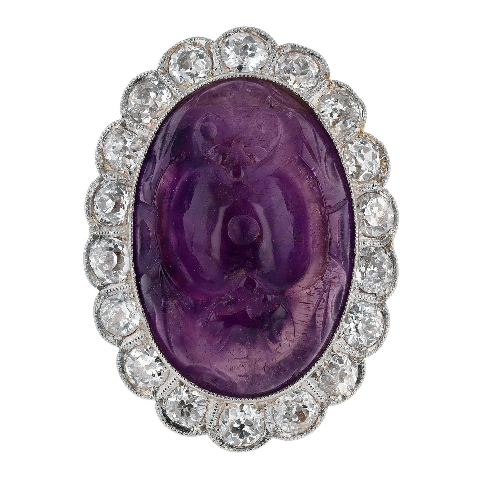 16 Carat Carved Amethyst & Diamond Vintage Cocktail Ring
