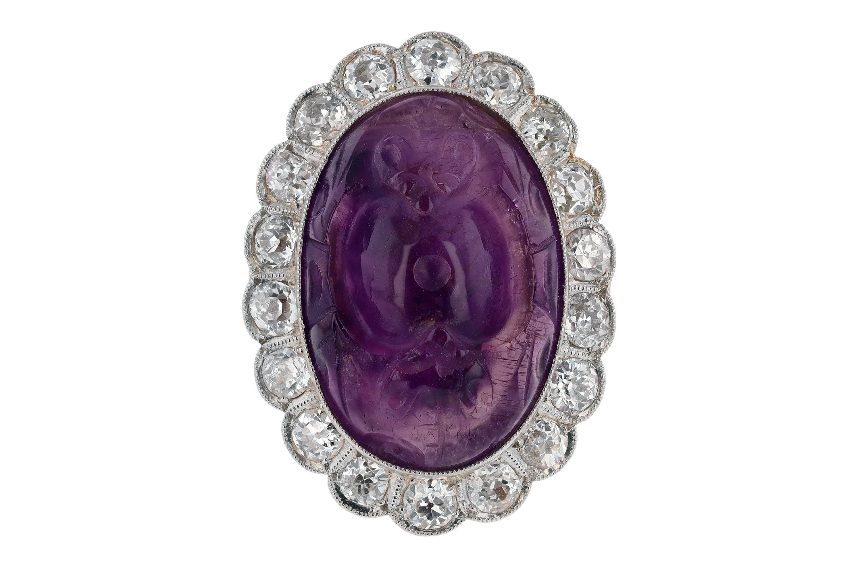 16 Carat Carved Amethyst & Diamond Vintage Cocktail Ring