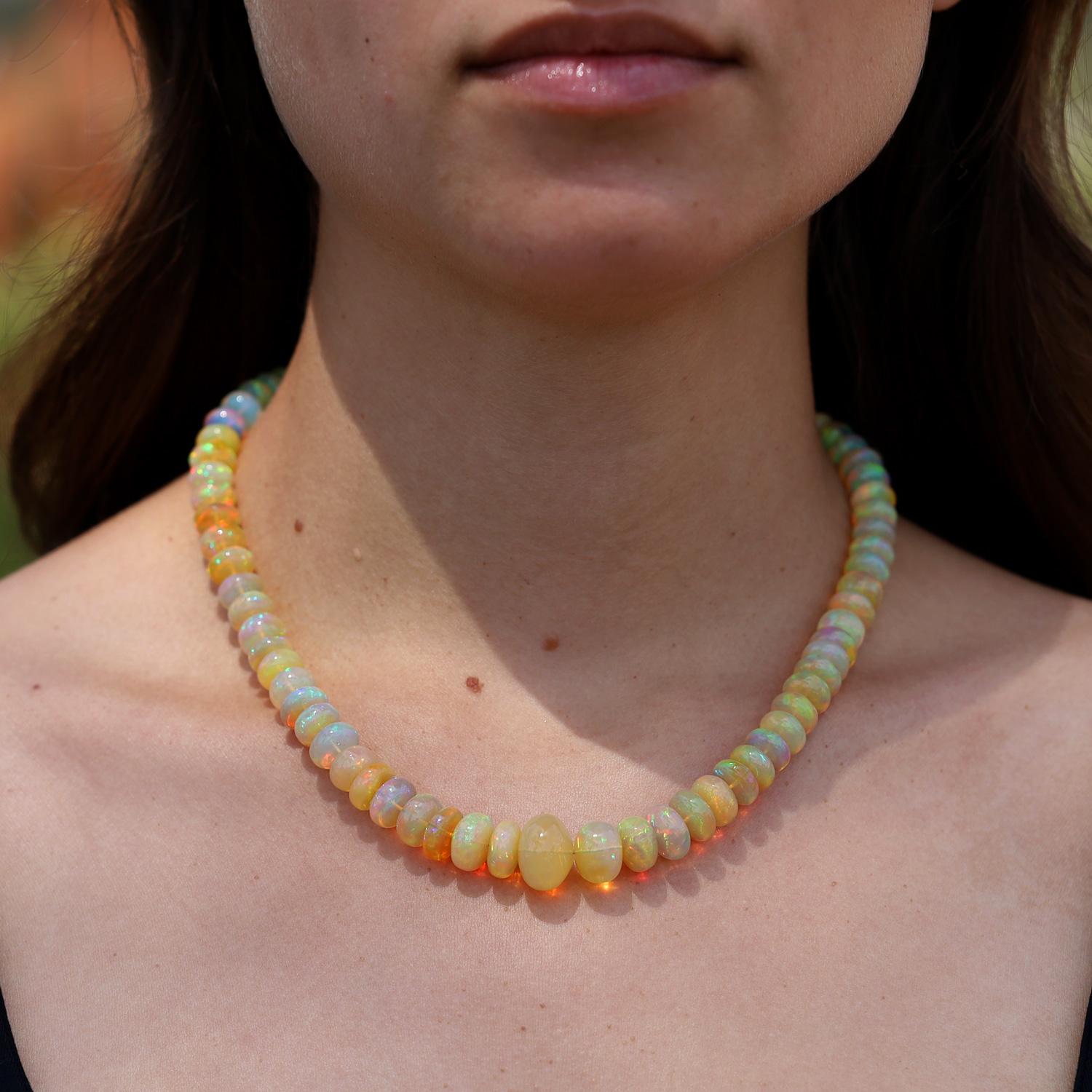 174 Carat Fiery Opal Beads & 14k Gold Strand Necklace