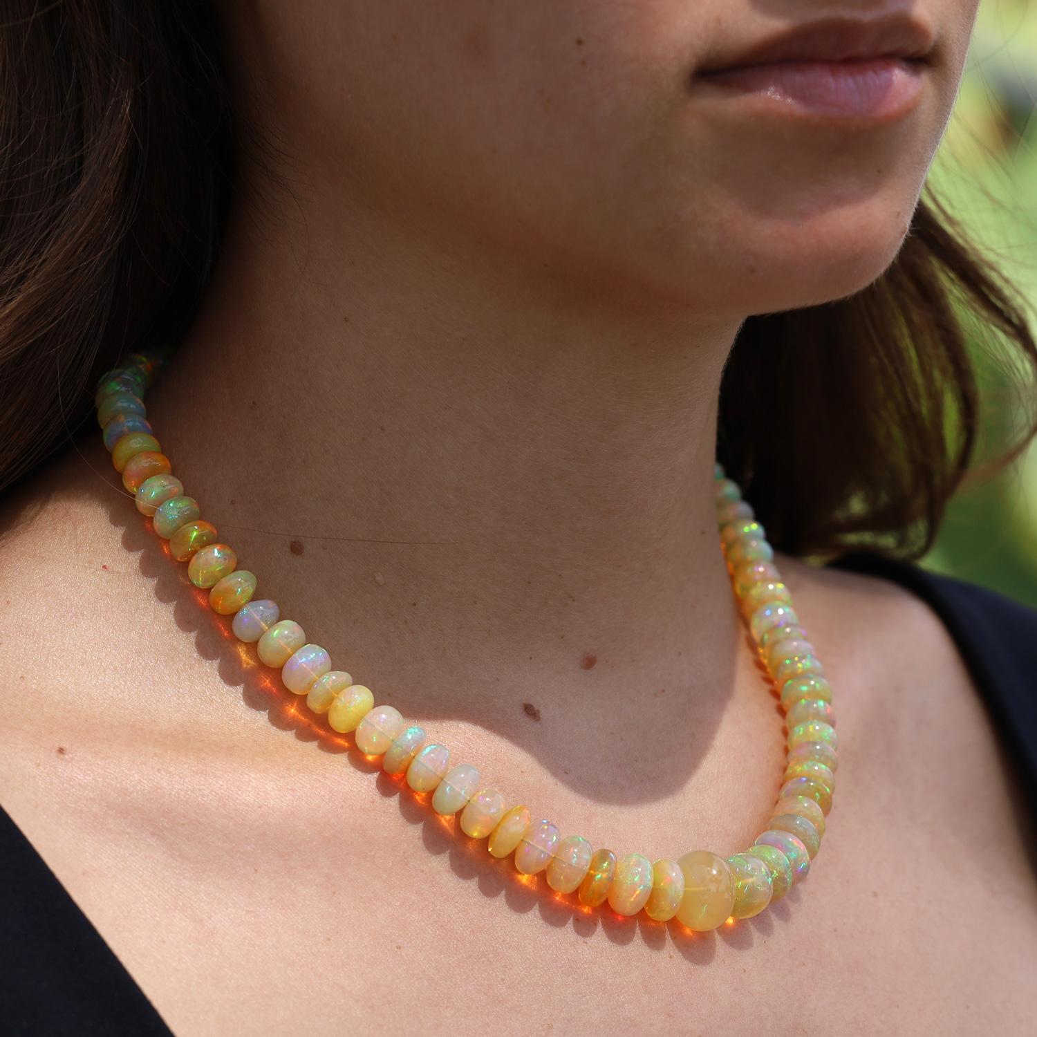 174 Carat Fiery Opal Beads & 14k Gold Strand Necklace