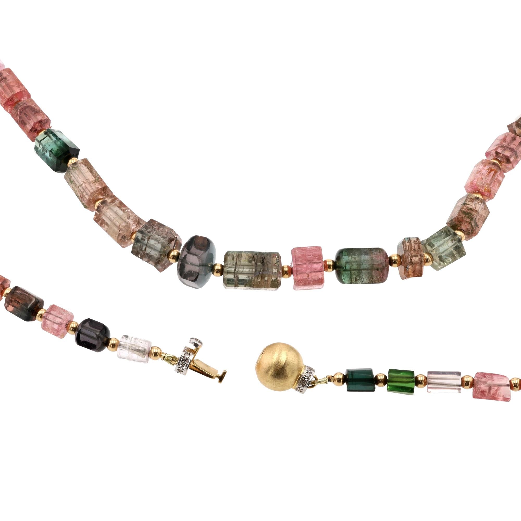 186 Carats Multi-Color Tourmaline & 14k Gold Bead Necklace Strand