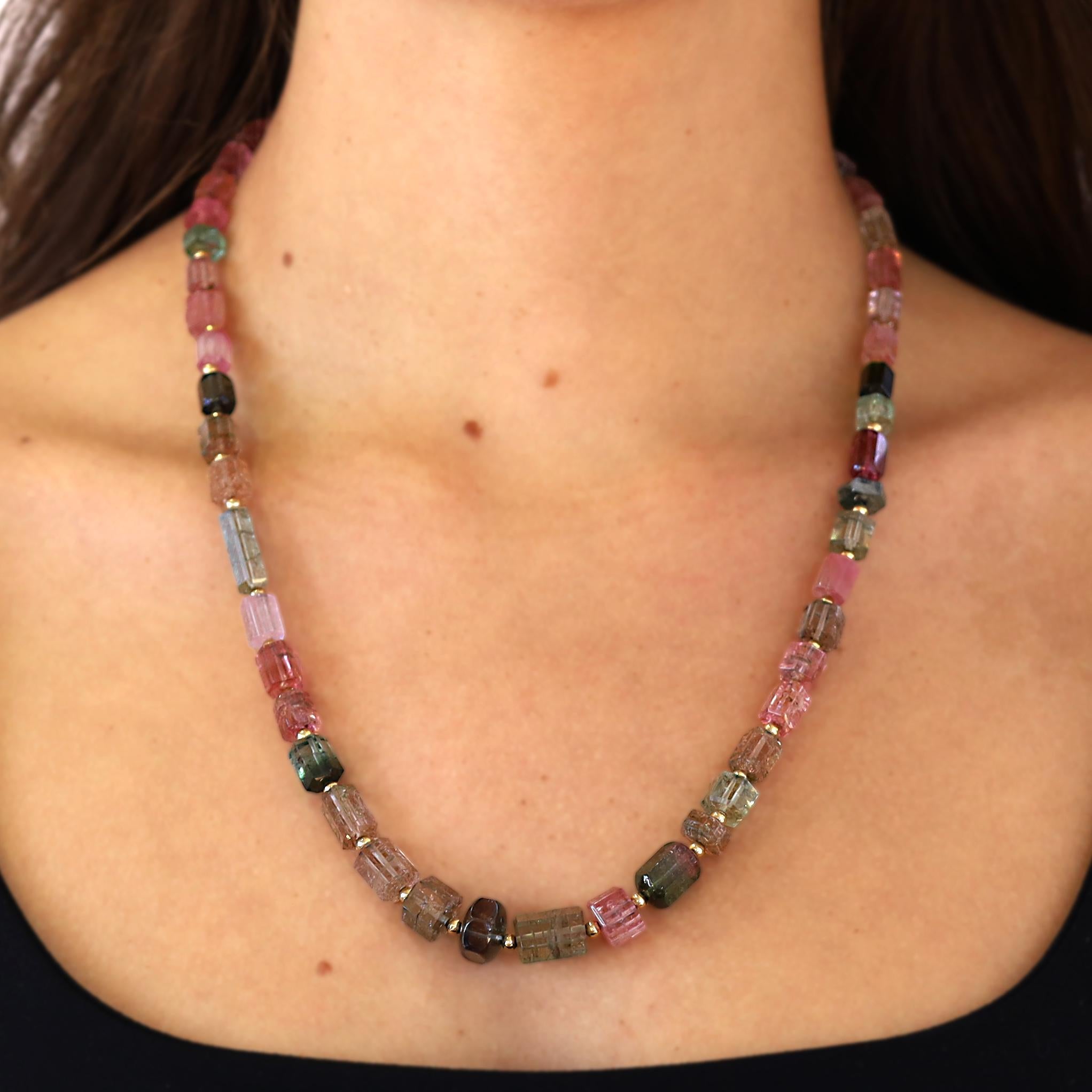 186 Carats Multi-Color Tourmaline & 14k Gold Bead Necklace Strand