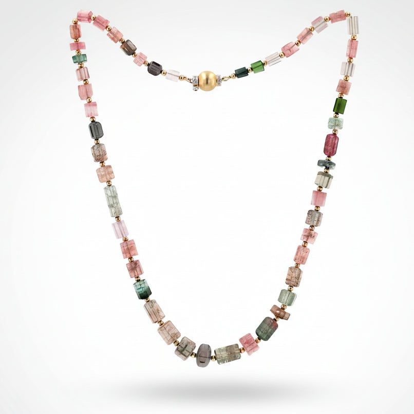 186 Carats Multi-Color Tourmaline & 14k Gold Bead Necklace Strand