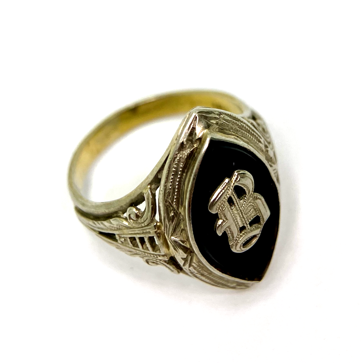18k White Gold Edwardian Filigree & Onyx Letter B Initial Ring