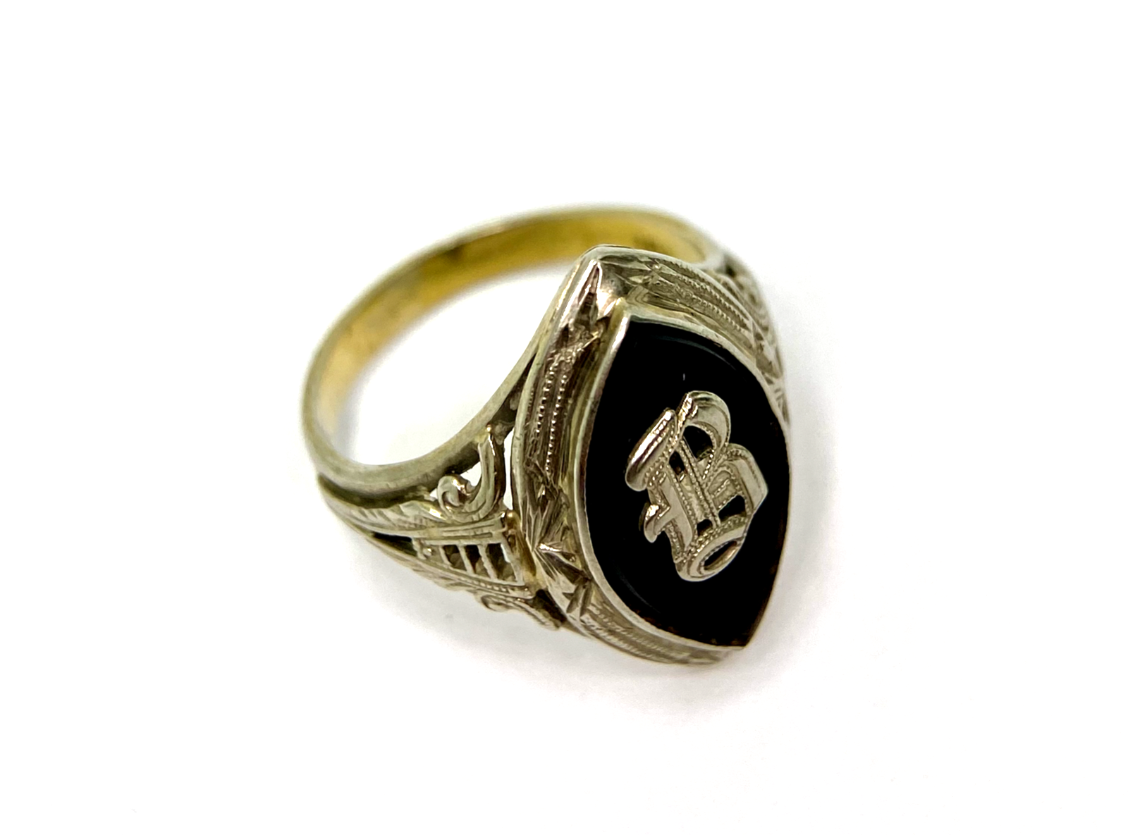 18k White Gold Edwardian Filigree & Onyx Letter B Initial Ring