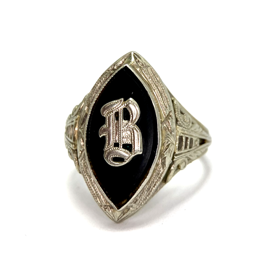 18k White Gold Edwardian Filigree & Onyx Letter B Initial Ring