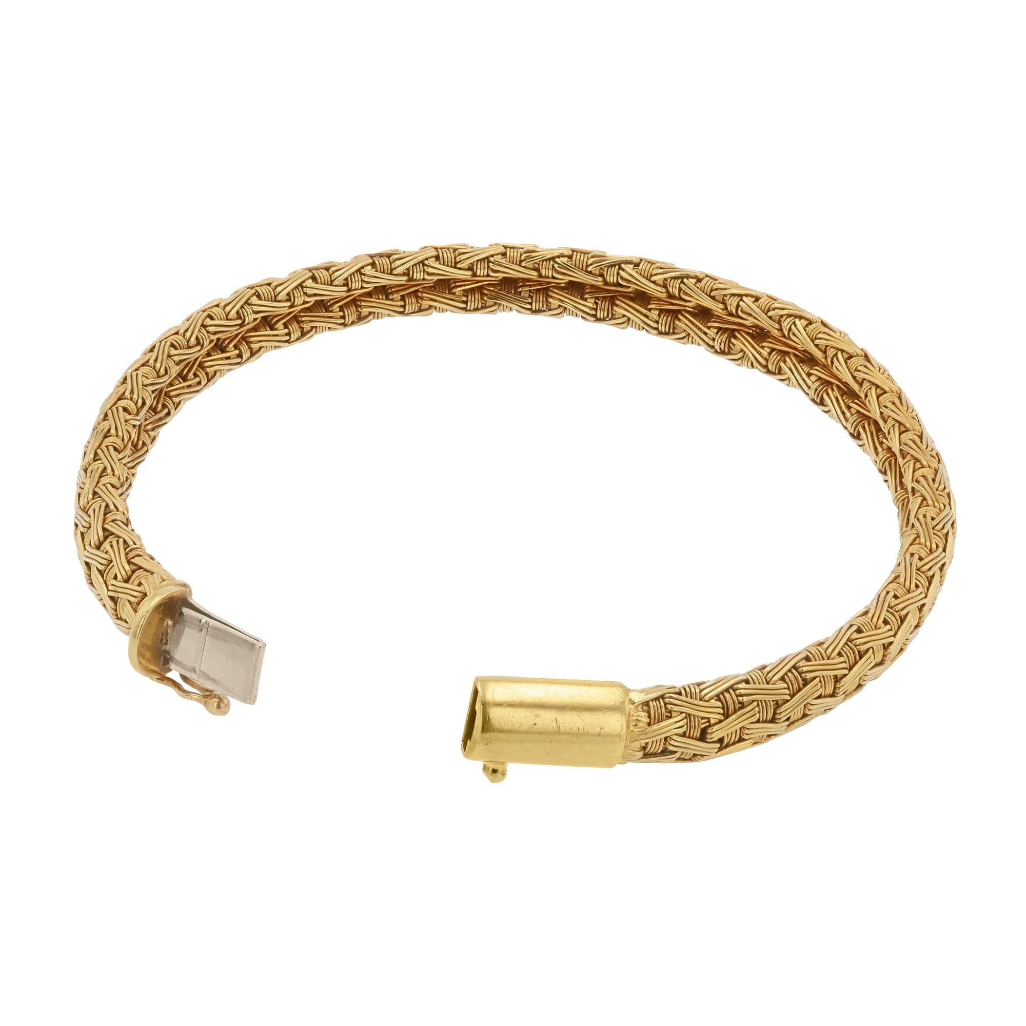 Italian 18k Yellow Gold Woven Mesh Bombé Bangle Bracelet