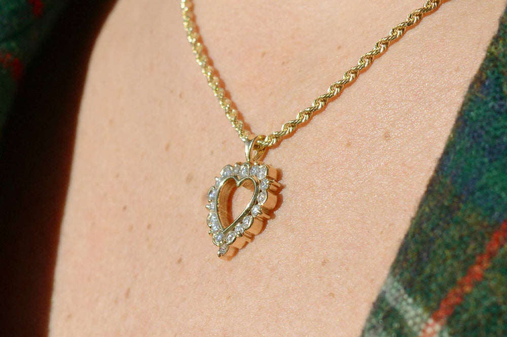 1960s Vintage 14K Gold & Diamond Heart Necklace