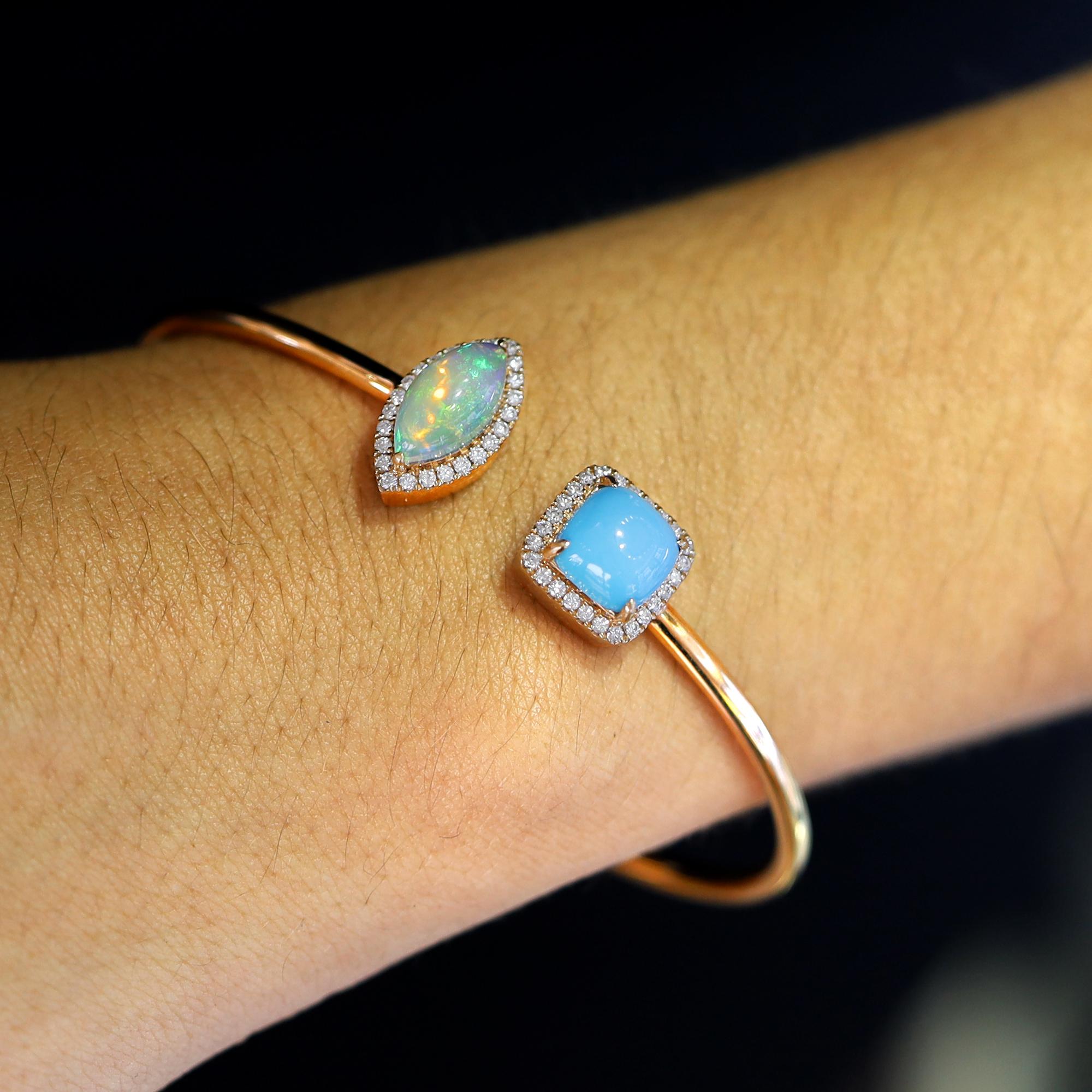 YAEL Designs 4 Carat TW Opal Turquoise Diamond 18k Rose Gold Bangle