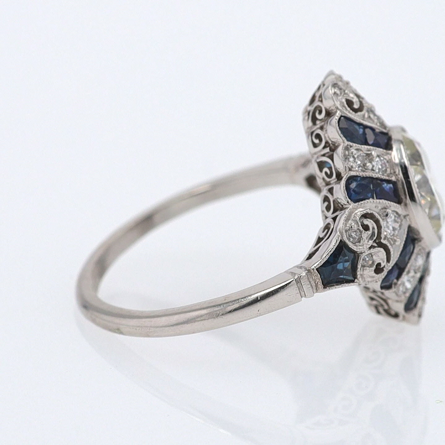 1.52 Carat Art Deco Style Diamond & Sapphire Engagement Ring