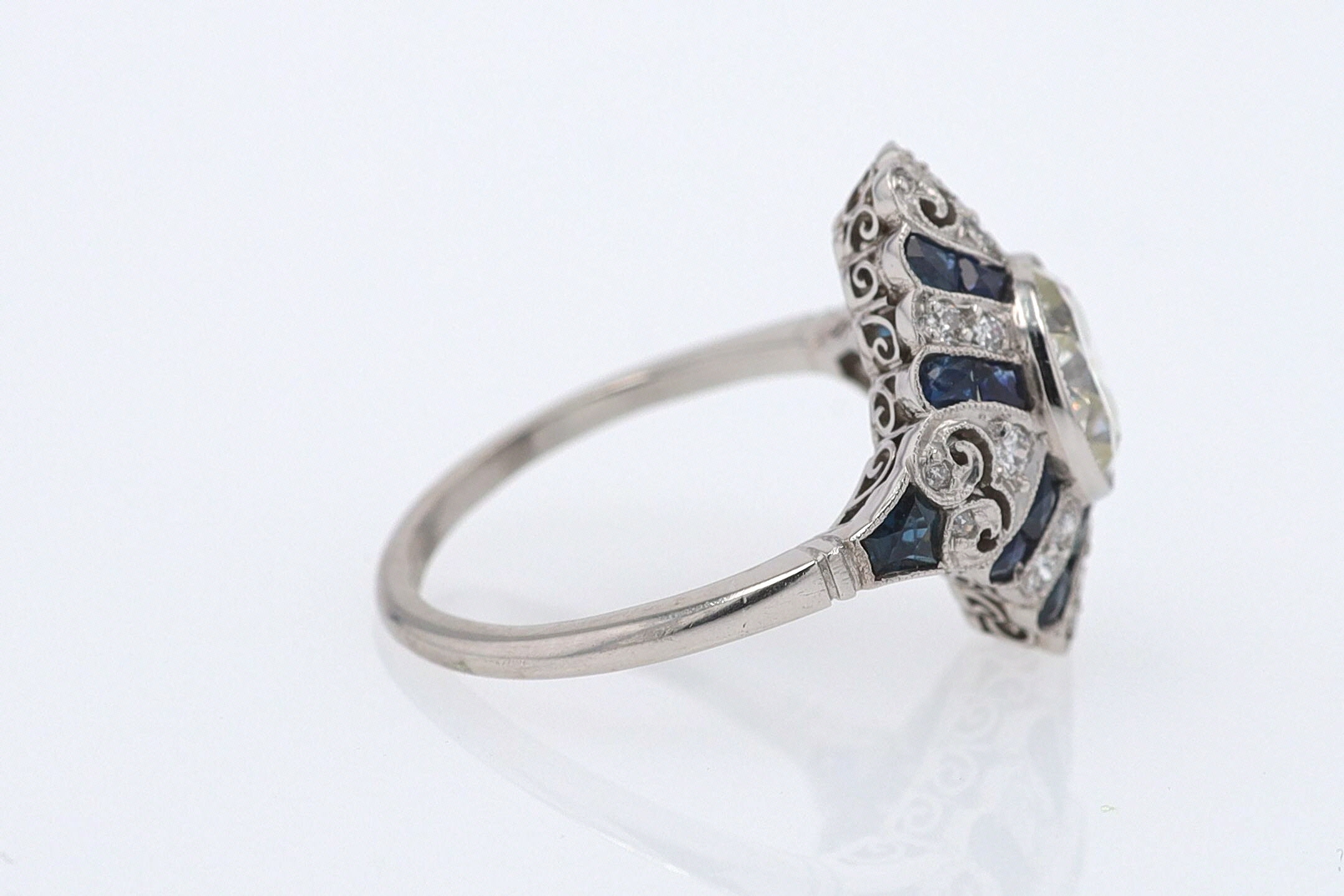 1.52 Carat Art Deco Style Diamond & Sapphire Engagement Ring