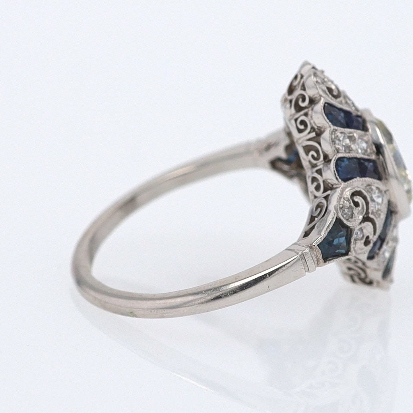 1.52 Carat Art Deco Style Diamond & Sapphire Engagement Ring