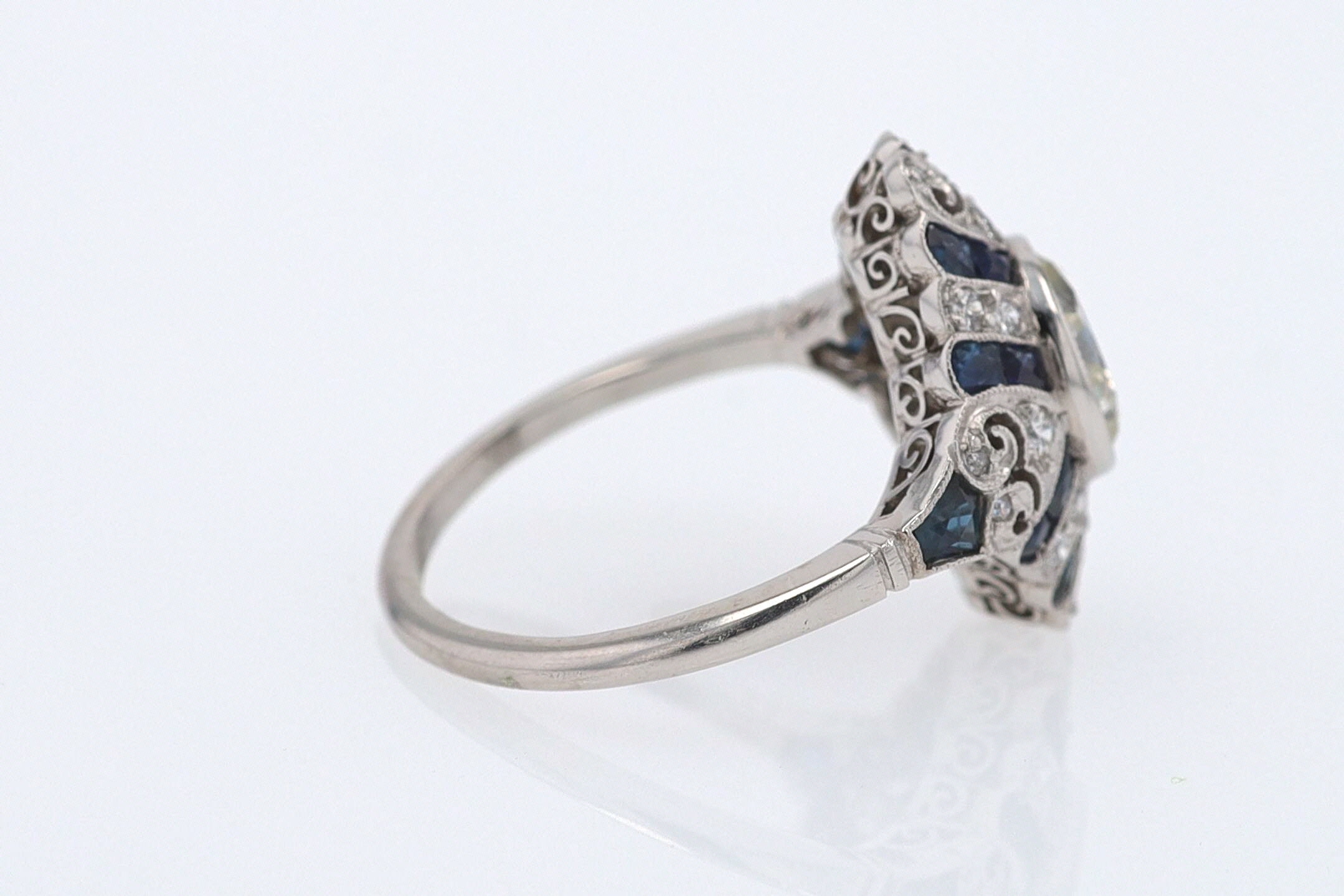 1.52 Carat Art Deco Style Diamond & Sapphire Engagement Ring