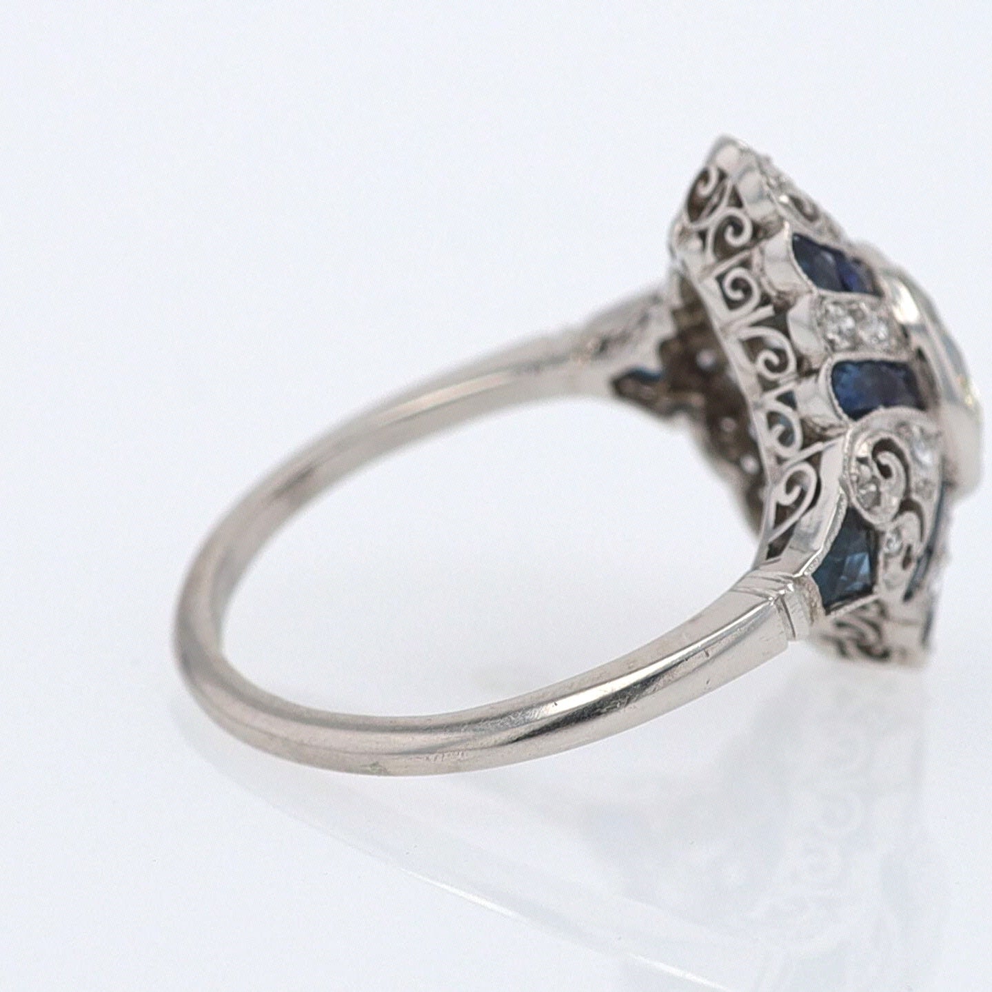 1.52 Carat Art Deco Style Diamond & Sapphire Engagement Ring