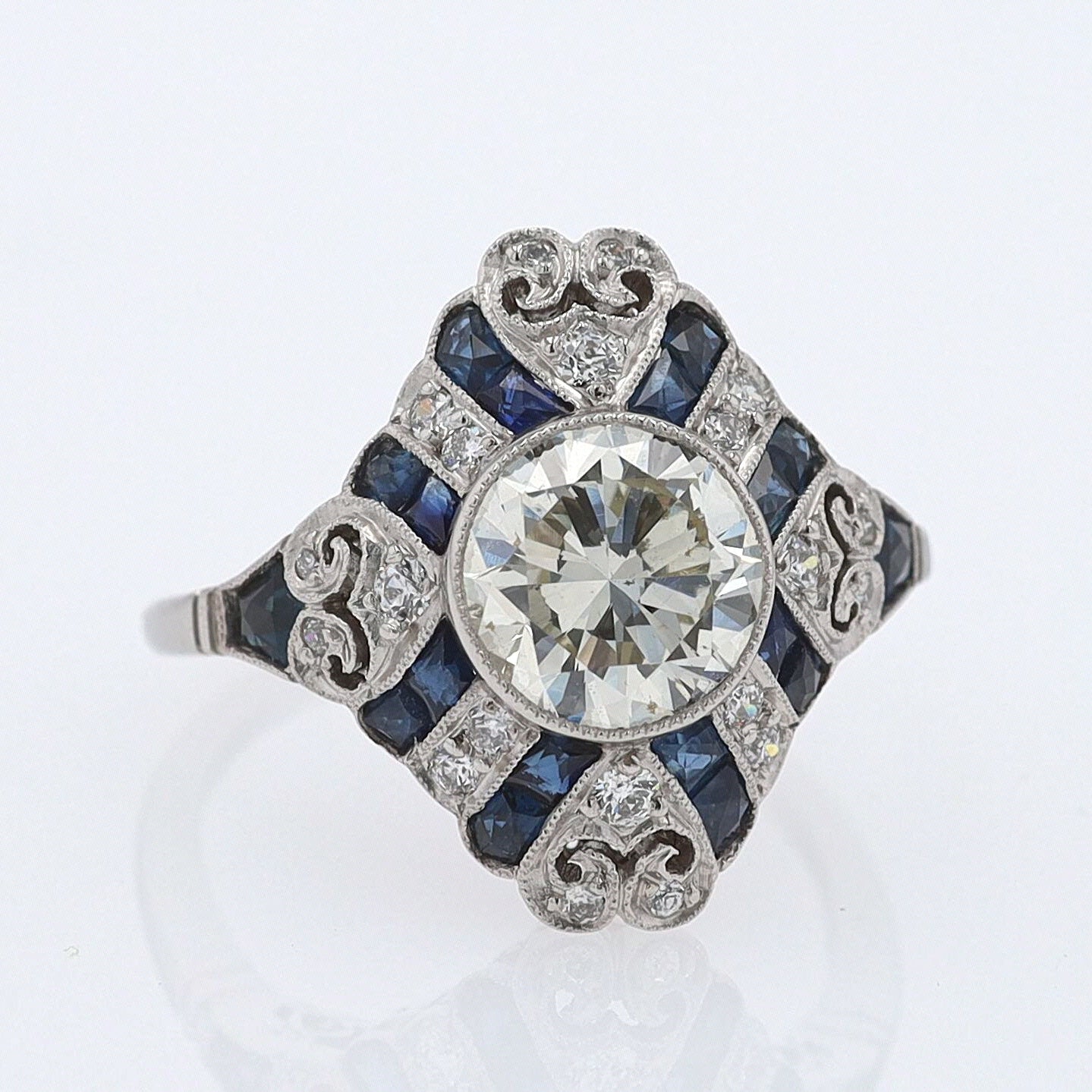 1.52 Carat Art Deco Style Diamond & Sapphire Engagement Ring