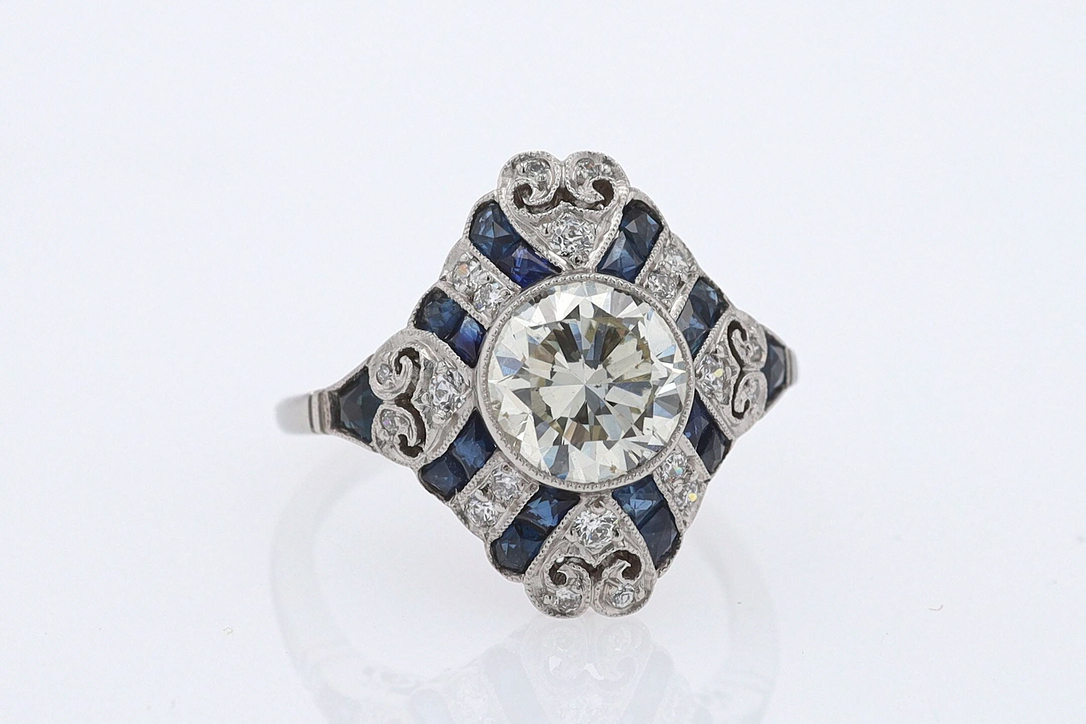 1.52 Carat Art Deco Style Diamond & Sapphire Engagement Ring