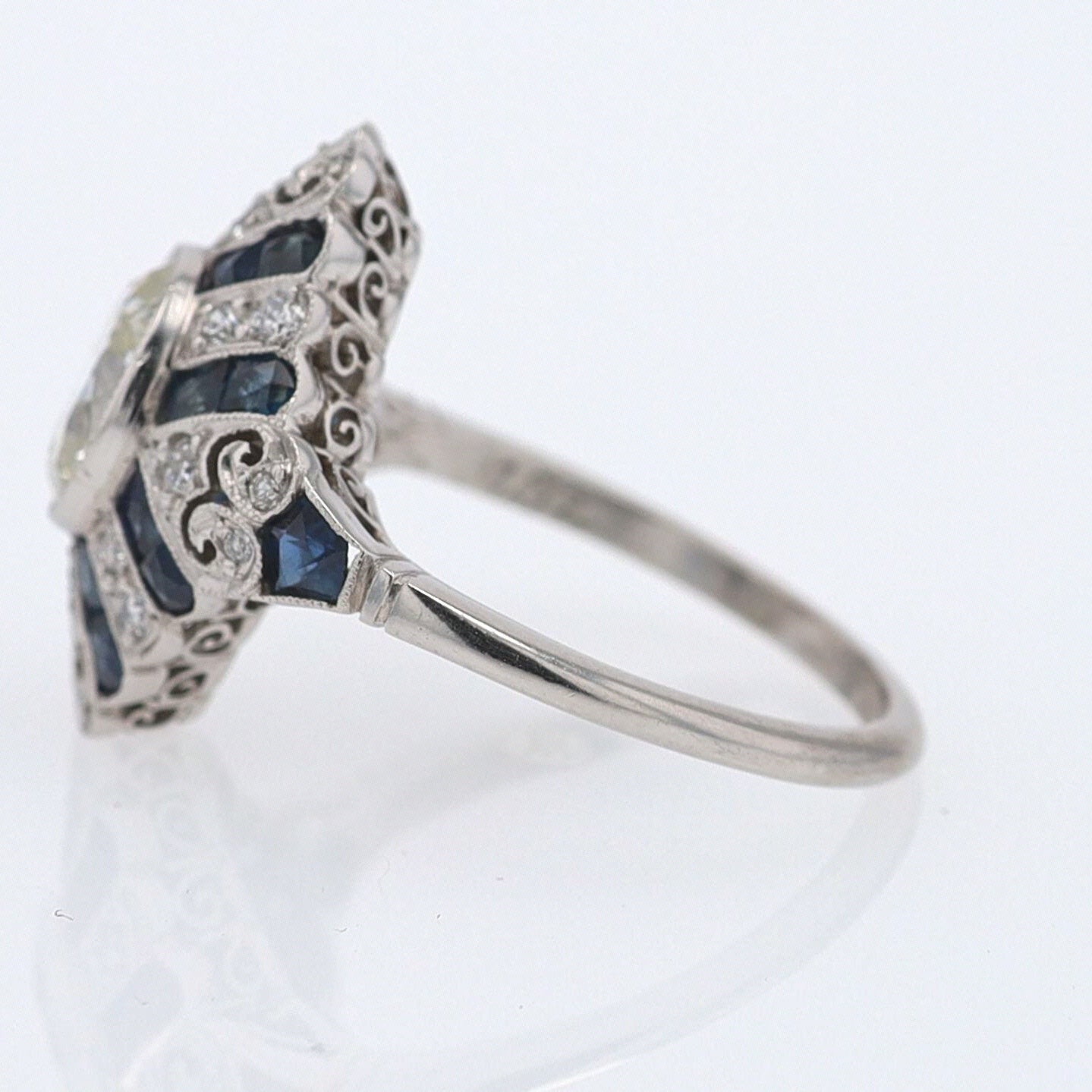 1.52 Carat Art Deco Style Diamond & Sapphire Engagement Ring