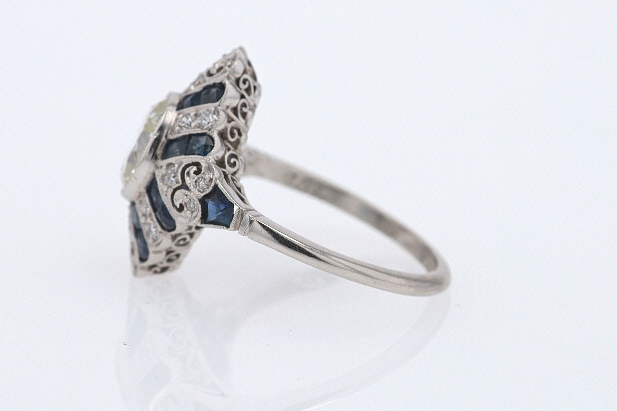 1.52 Carat Art Deco Style Diamond & Sapphire Engagement Ring