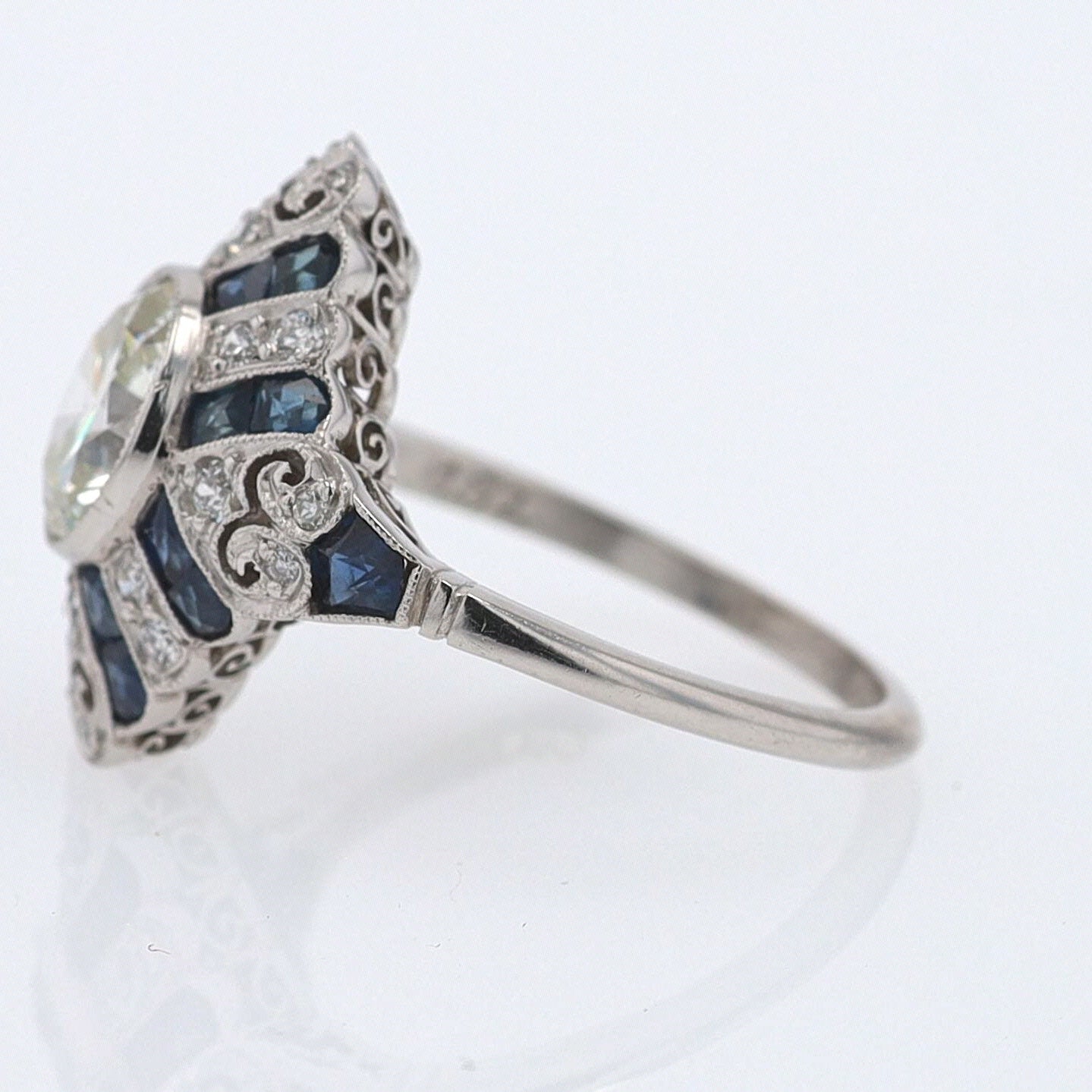 1.52 Carat Art Deco Style Diamond & Sapphire Engagement Ring