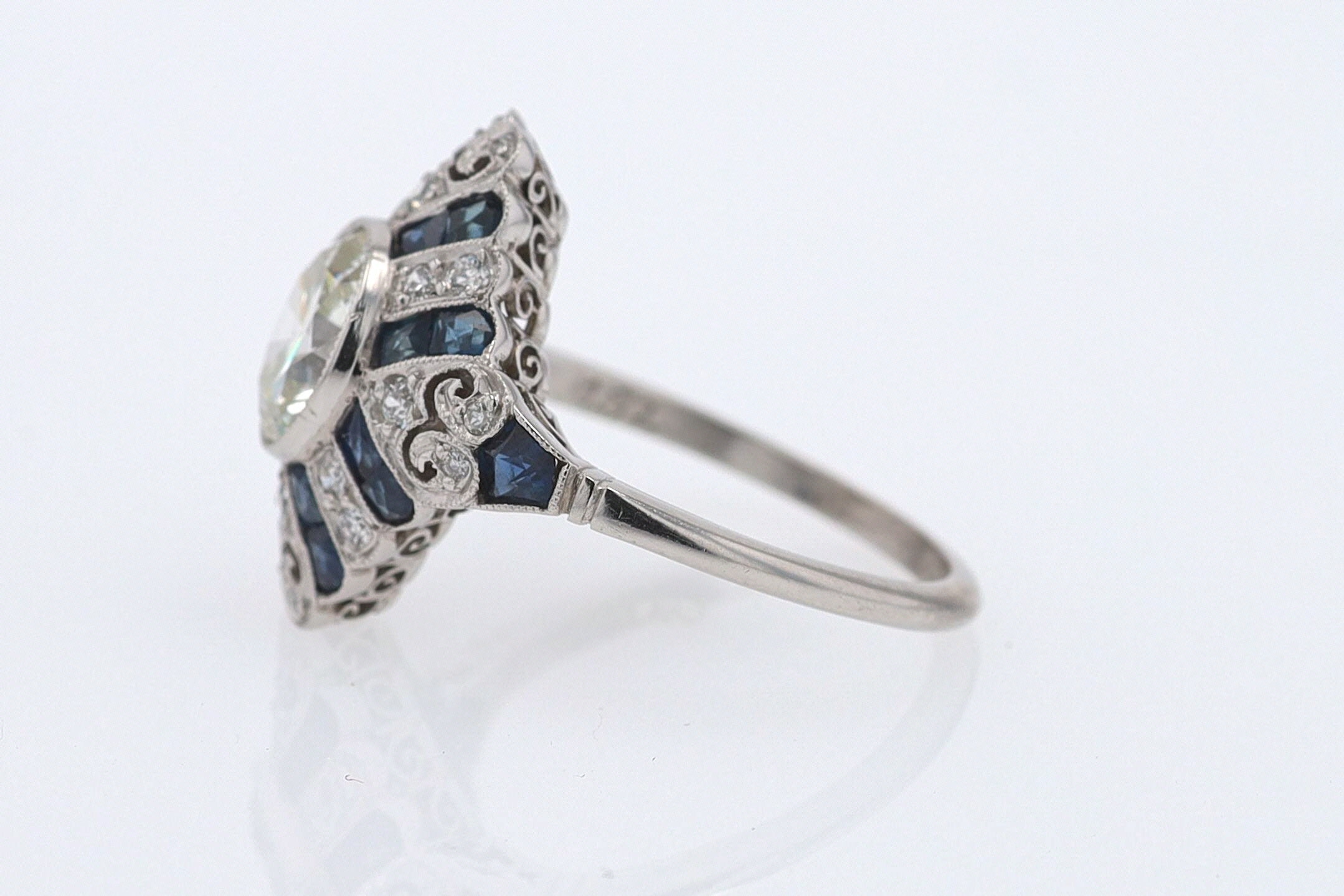 1.52 Carat Art Deco Style Diamond & Sapphire Engagement Ring