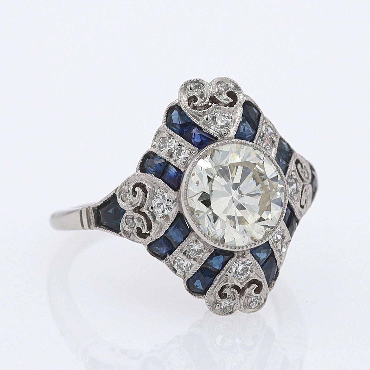 1.52 Carat Art Deco Style Diamond & Sapphire Engagement Ring