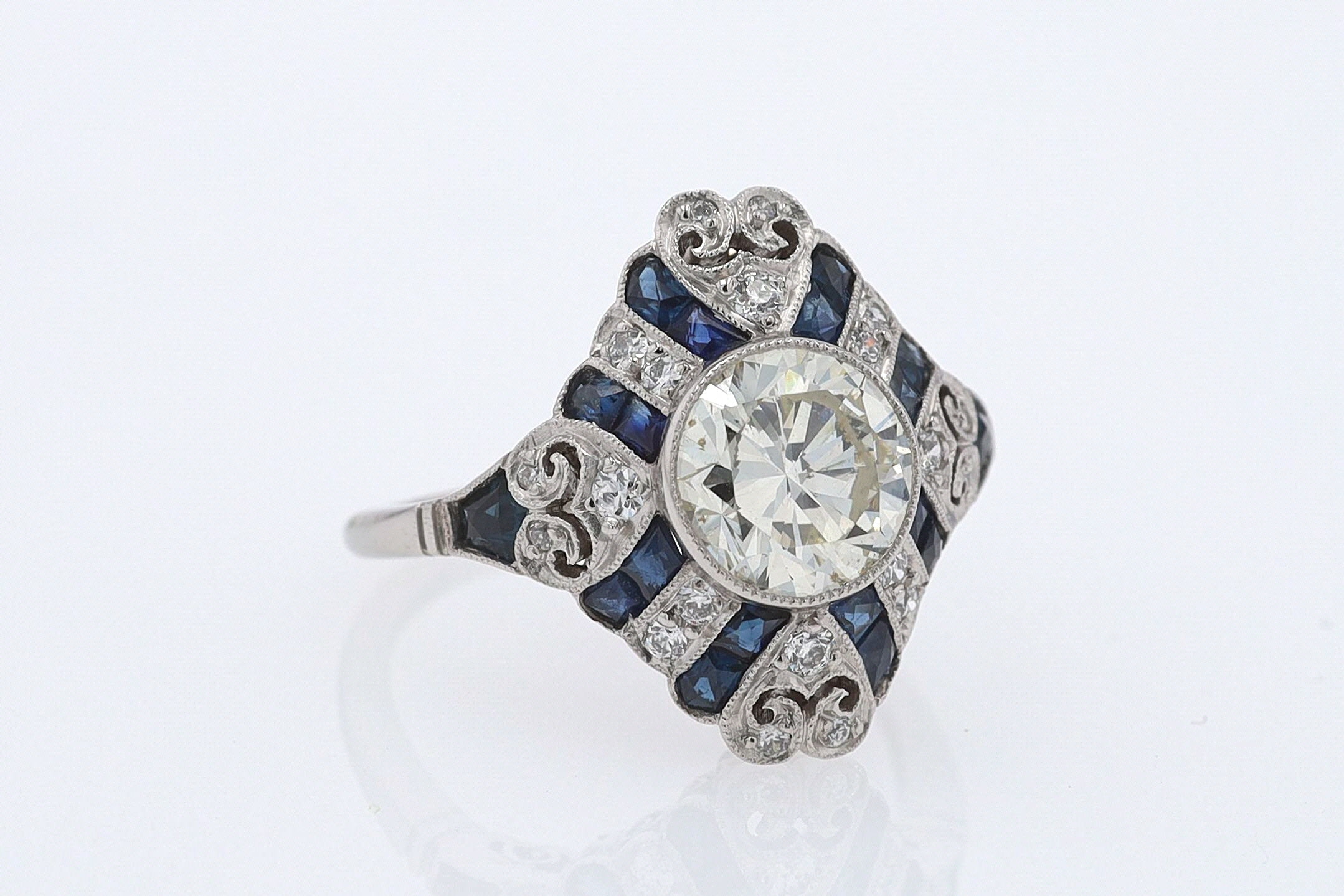 1.52 Carat Art Deco Style Diamond & Sapphire Engagement Ring
