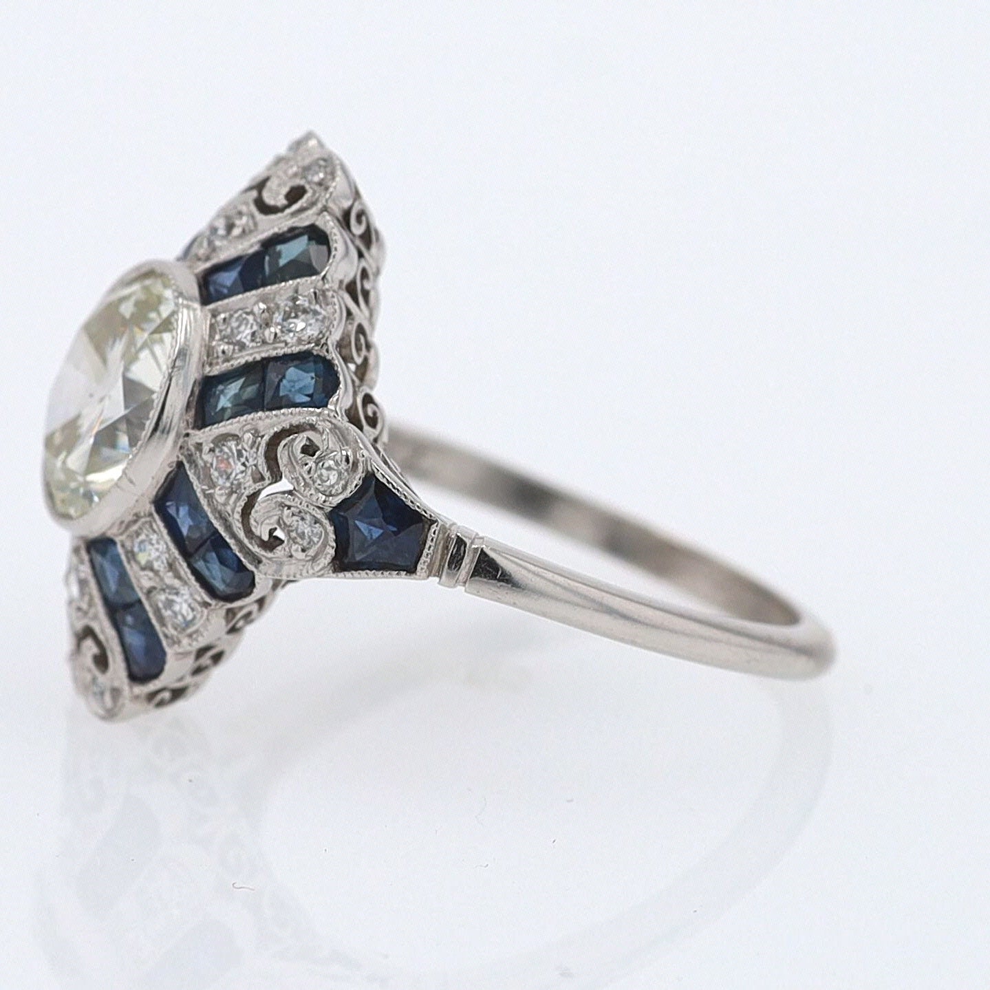 1.52 Carat Art Deco Style Diamond & Sapphire Engagement Ring